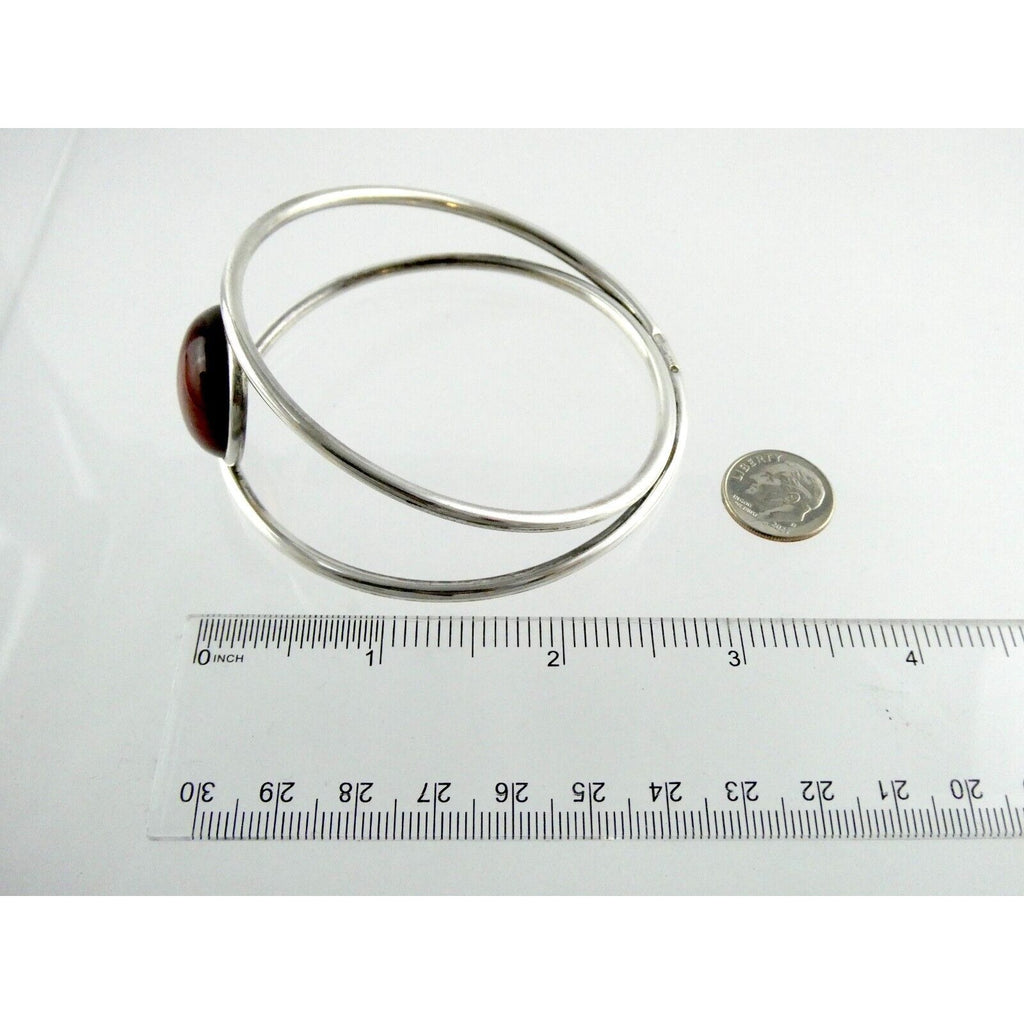 Polish Sterling Silver Orange Amber Cabochon Bangle Bracelet 925 Poland 8.5 Inch