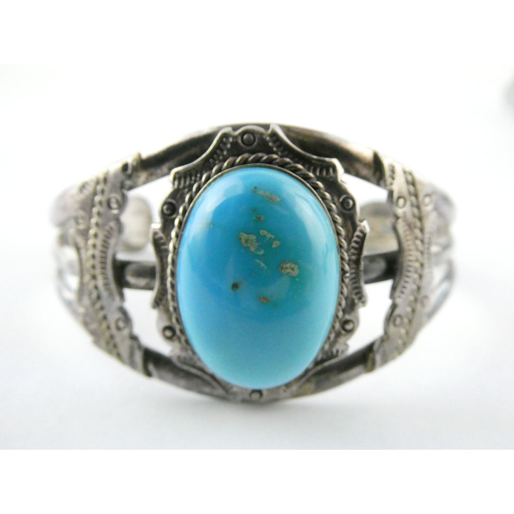Southwestern Sterling Silver Turquoise Cabochon Cuff Bracelet 925 7.25 Inches