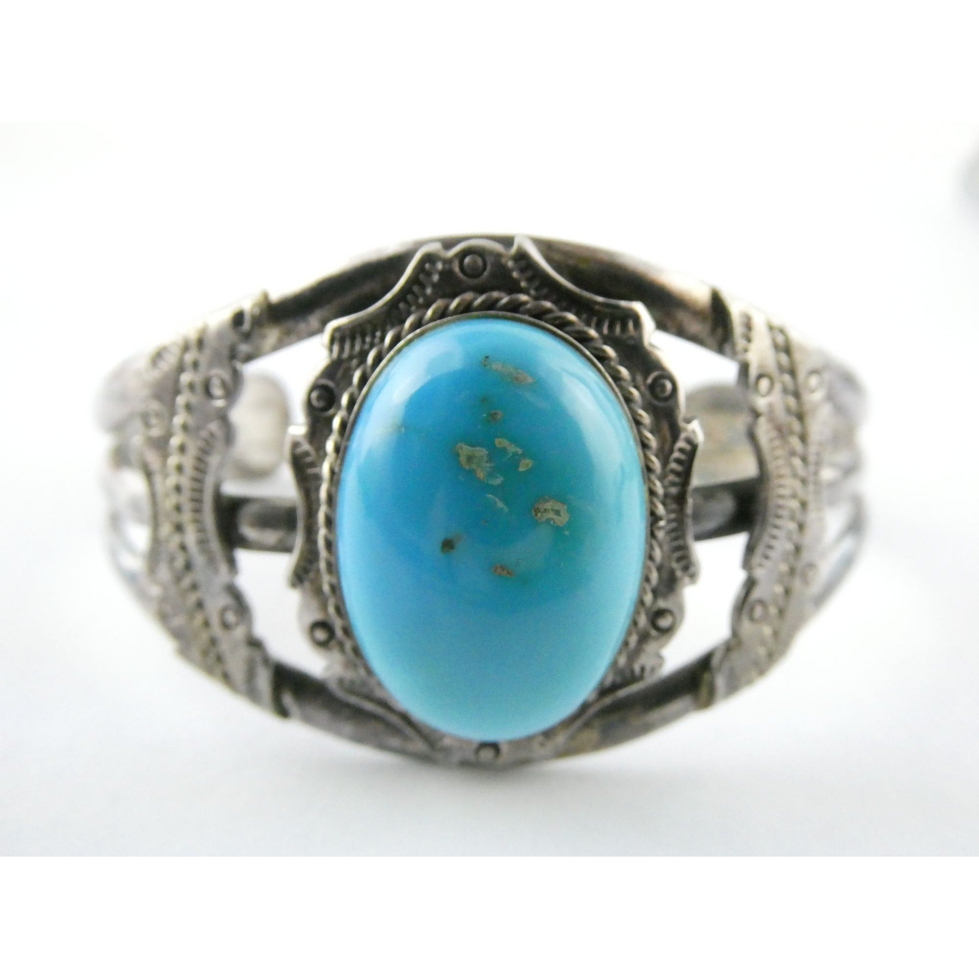 Southwestern Sterling Silver Turquoise Cabochon Cuff Bracelet 925 7.25 Inches