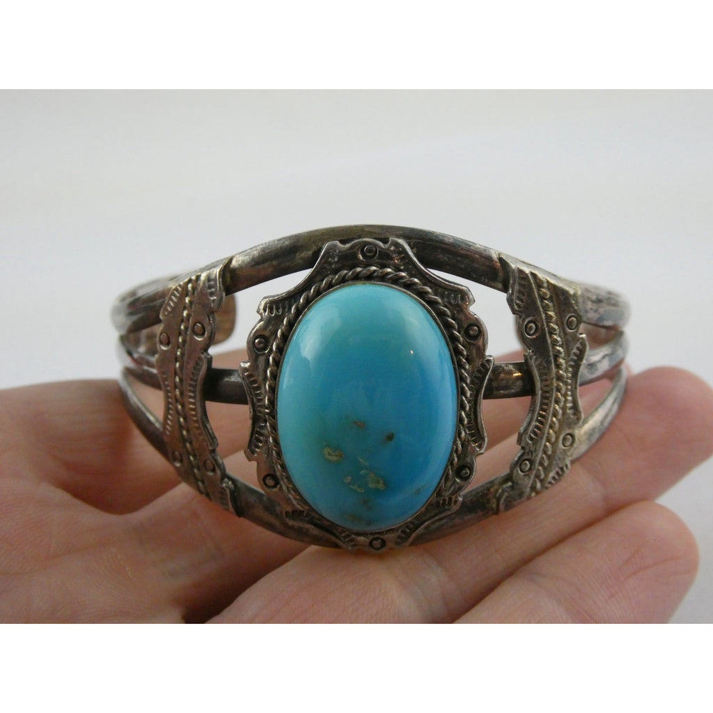 Southwestern Sterling Silver Turquoise Cabochon Cuff Bracelet 925 7.25 Inches