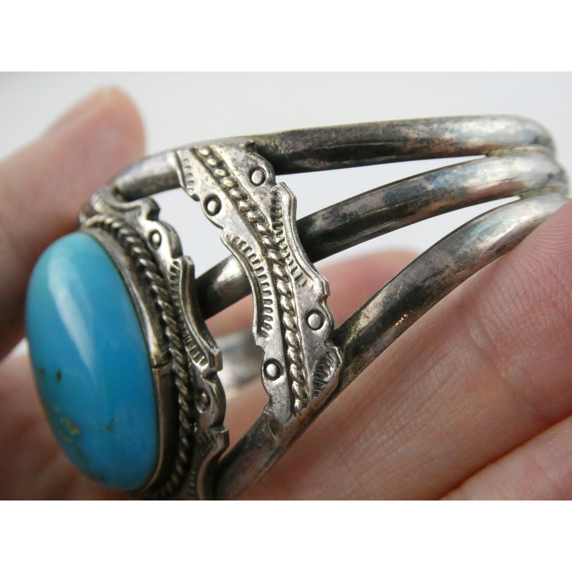 Southwestern Sterling Silver Turquoise Cabochon Cuff Bracelet 925 7.25 Inches