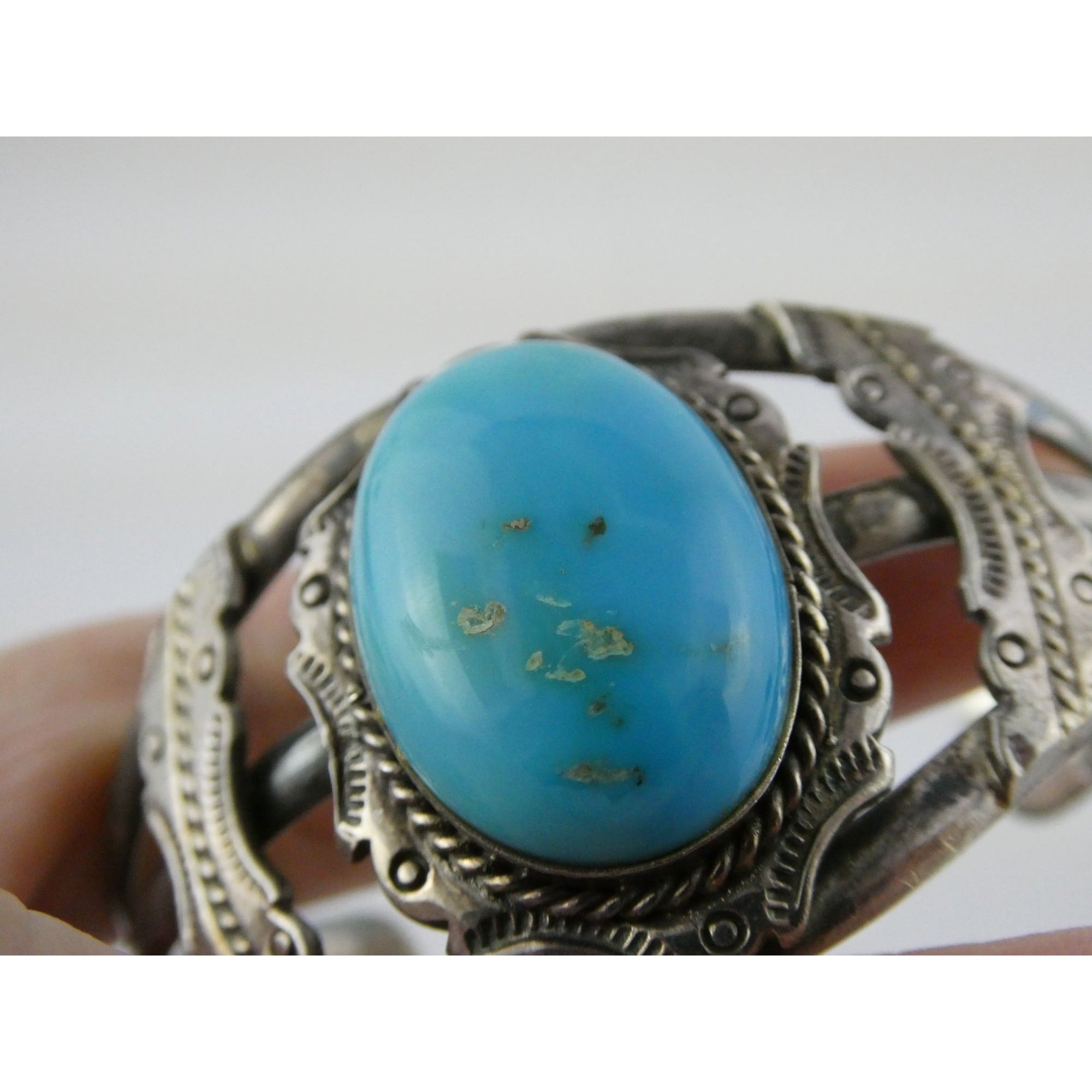Southwestern Sterling Silver Turquoise Cabochon Cuff Bracelet 925 7.25 Inches