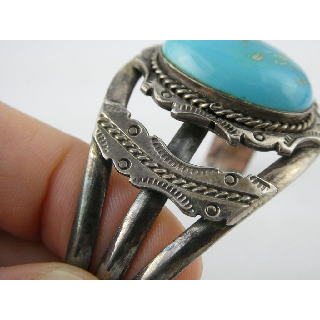 Southwestern Sterling Silver Turquoise Cabochon Cuff Bracelet 925 7.25 Inches