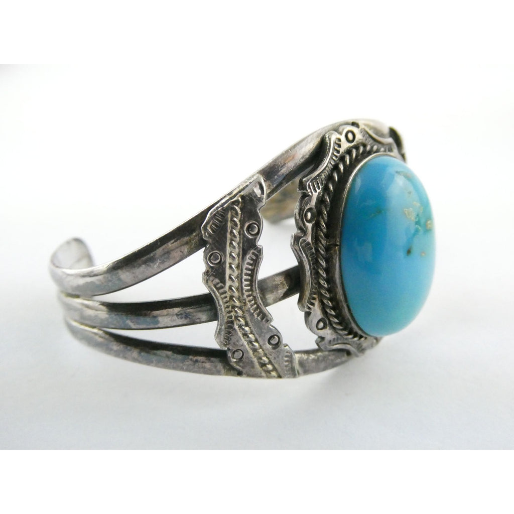 Southwestern Sterling Silver Turquoise Cabochon Cuff Bracelet 925 7.25 Inches