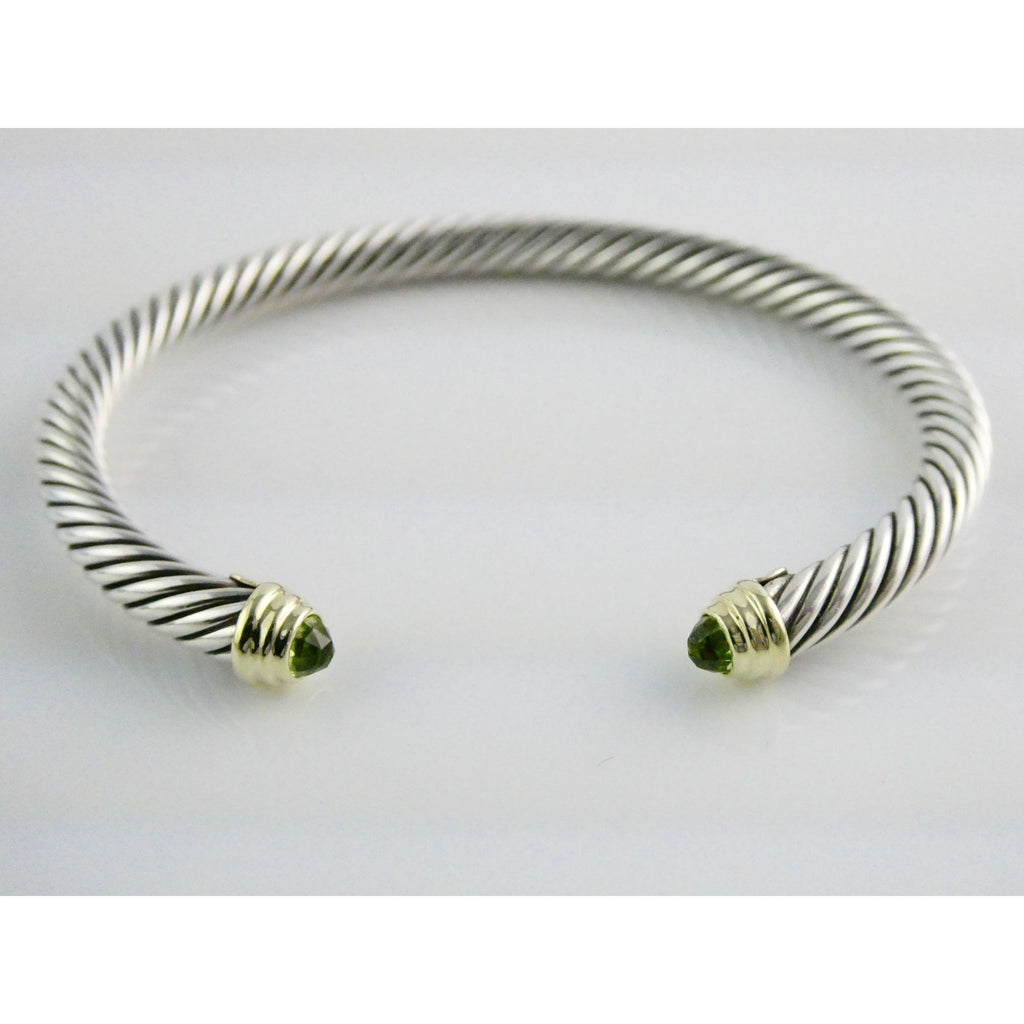 David Yurman Sterling Silver 14k Gold Classic Cable Bracelet with Peridot Tips