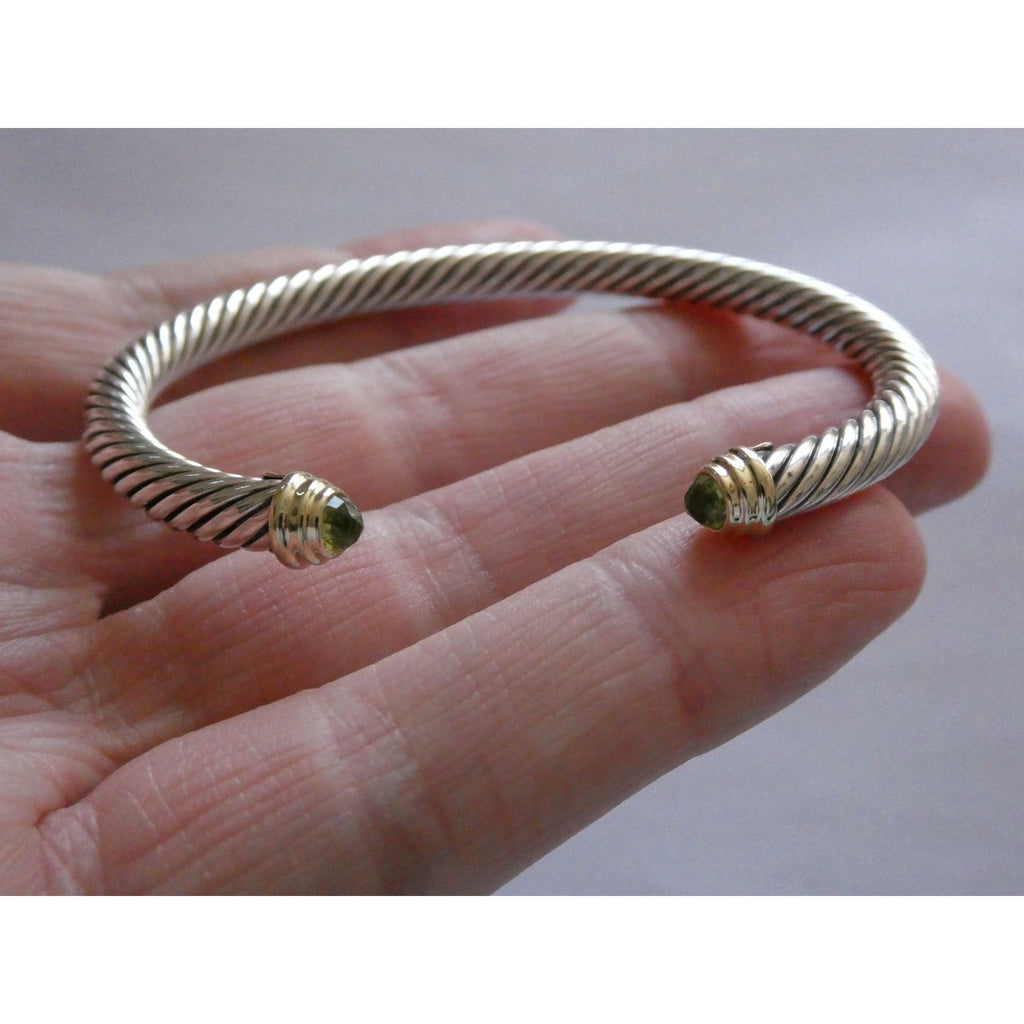 David Yurman Sterling Silver 14k Gold Classic Cable Bracelet with Peridot Tips