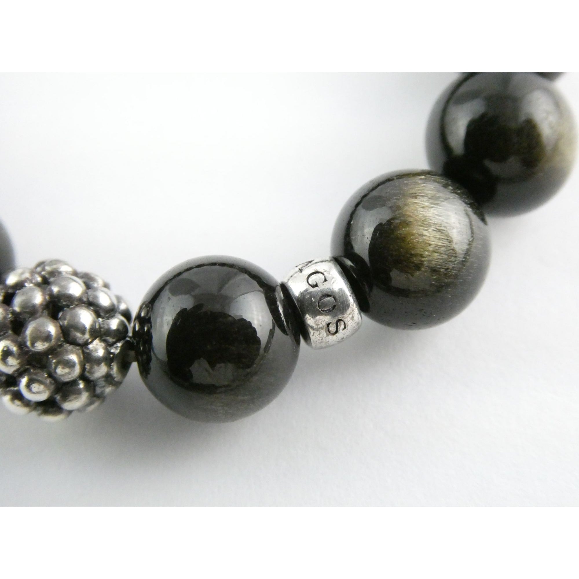 Lagos Golden Obsidian Sterling Silver Station Stretch Bead Bracelet 7 Inches 24g