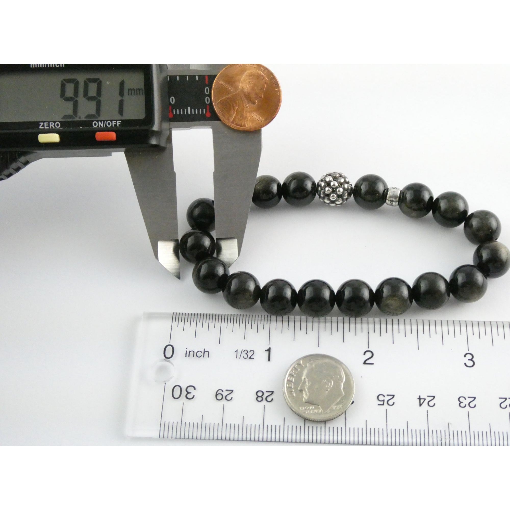 Lagos Golden Obsidian Sterling Silver Station Stretch Bead Bracelet 7 Inches 24g