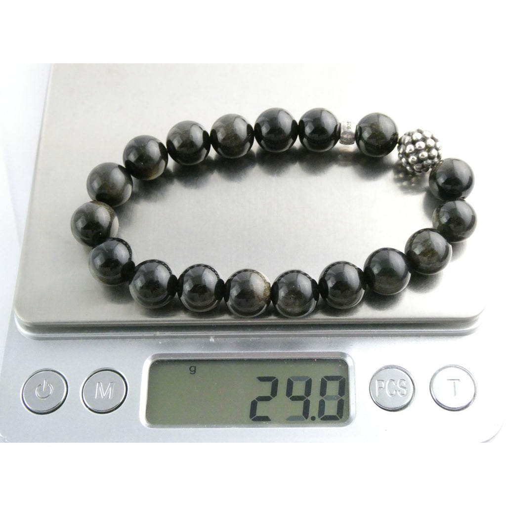 Lagos Golden Obsidian Sterling Silver Station Stretch Bead Bracelet 7 Inches 24g