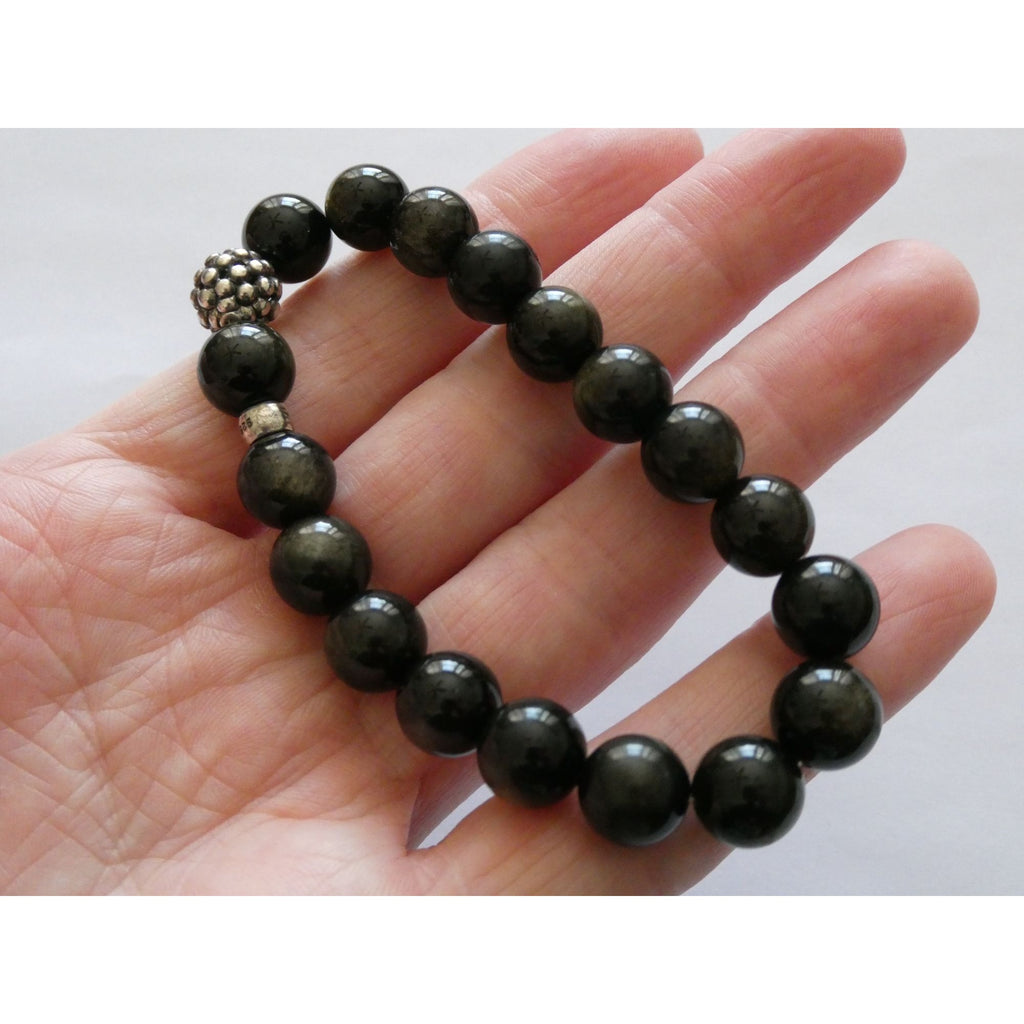 Lagos Golden Obsidian Sterling Silver Station Stretch Bead Bracelet 7 Inches 24g