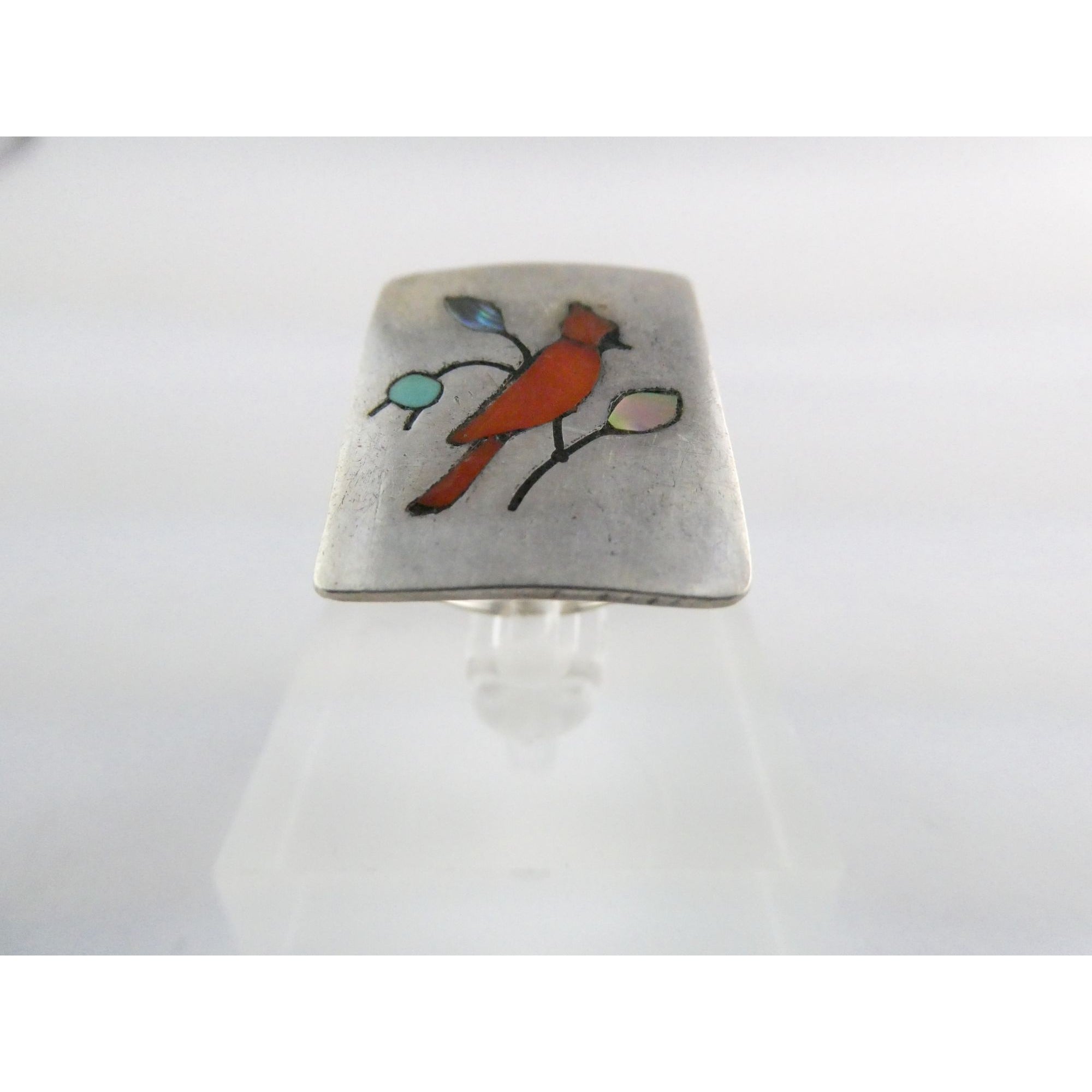 NA Zuni Randolph and Margie Ghahate Sterling Silver Cardinal Inlay Ring Size 7.5