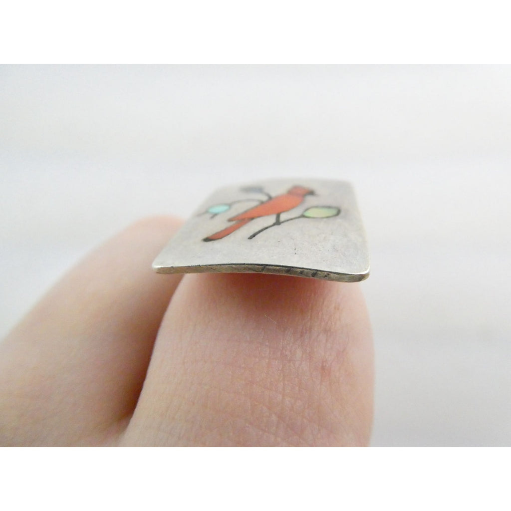 NA Zuni Randolph and Margie Ghahate Sterling Silver Cardinal Inlay Ring Size 7.5