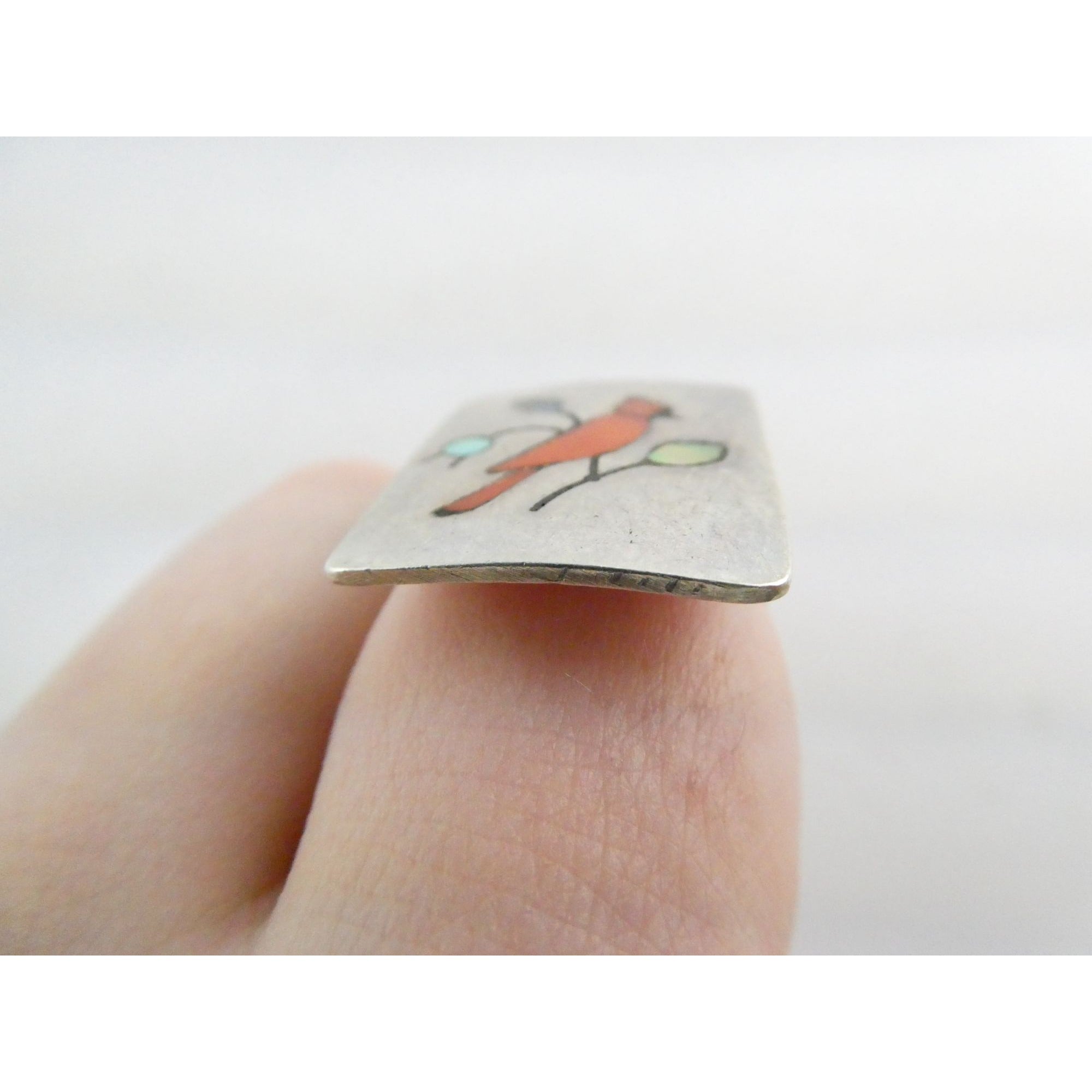 NA Zuni Randolph and Margie Ghahate Sterling Silver Cardinal Inlay Ring Size 7.5