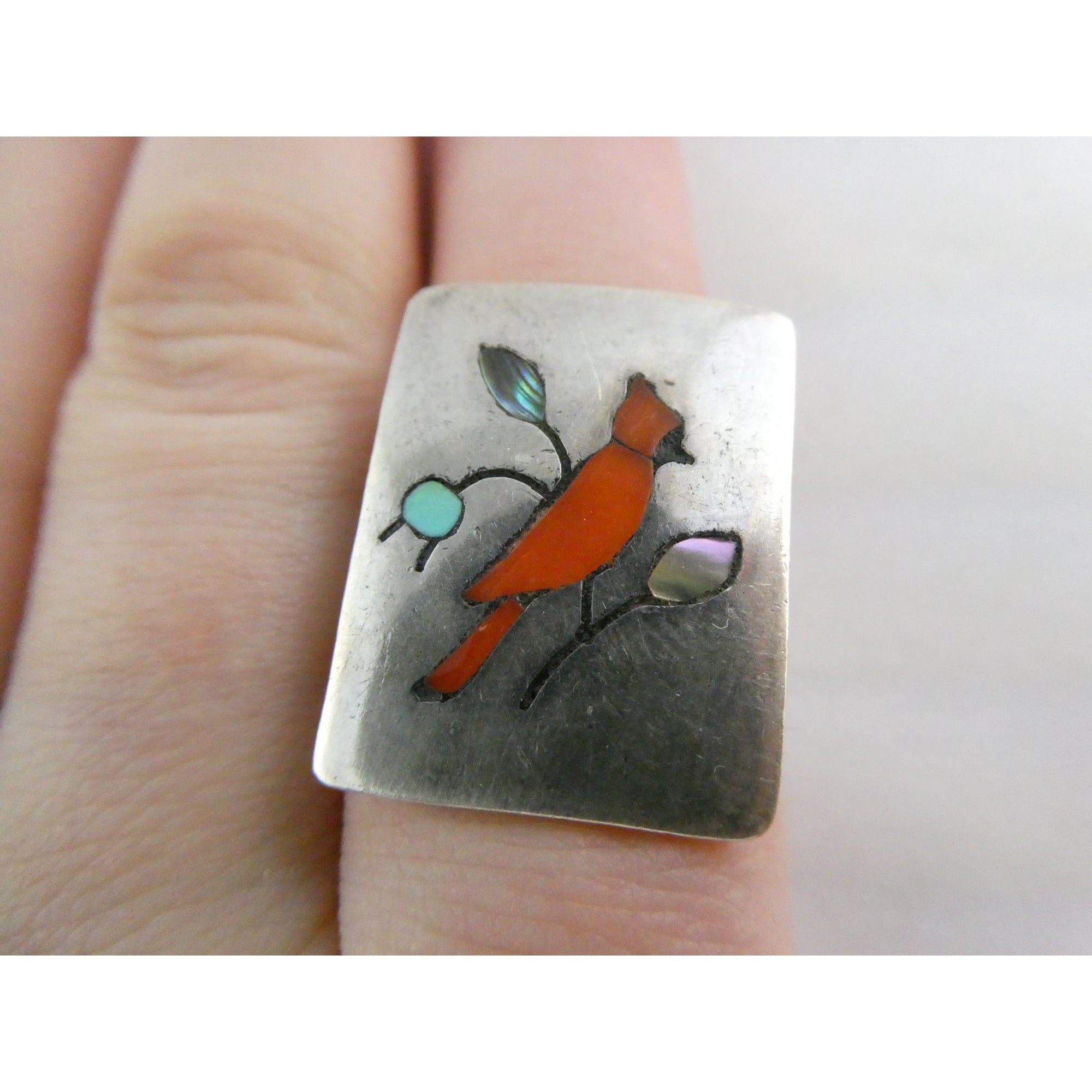 NA Zuni Randolph and Margie Ghahate Sterling Silver Cardinal Inlay Ring Size 7.5