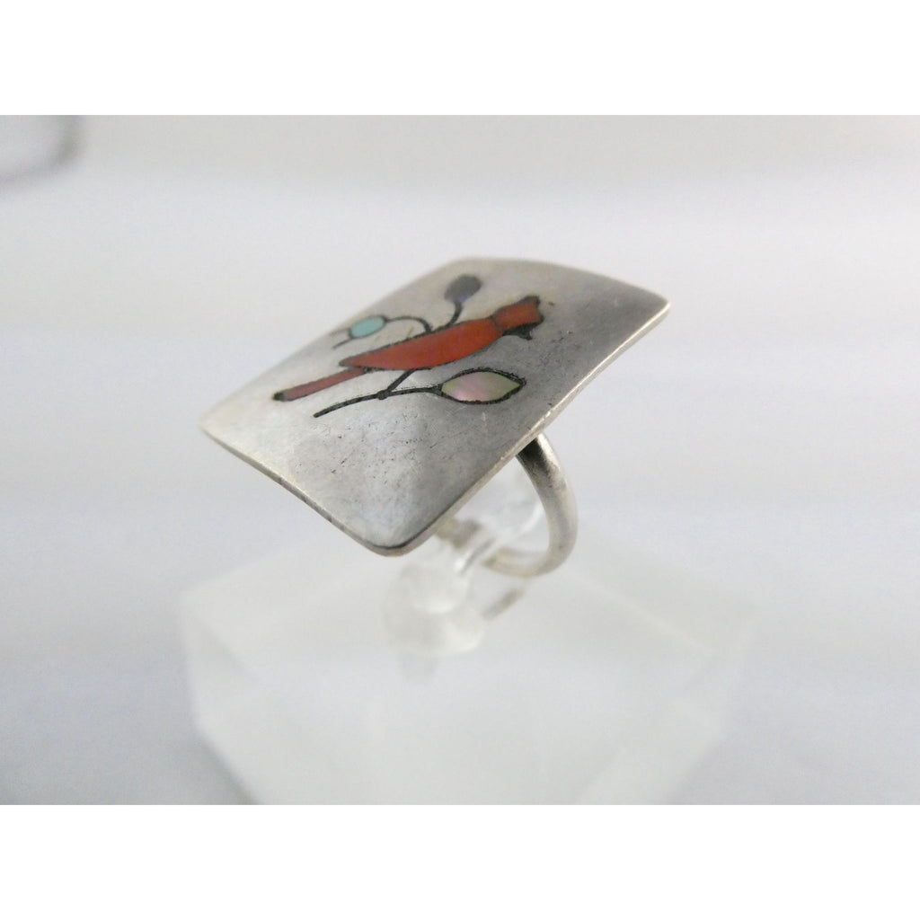 NA Zuni Randolph and Margie Ghahate Sterling Silver Cardinal Inlay Ring Size 7.5