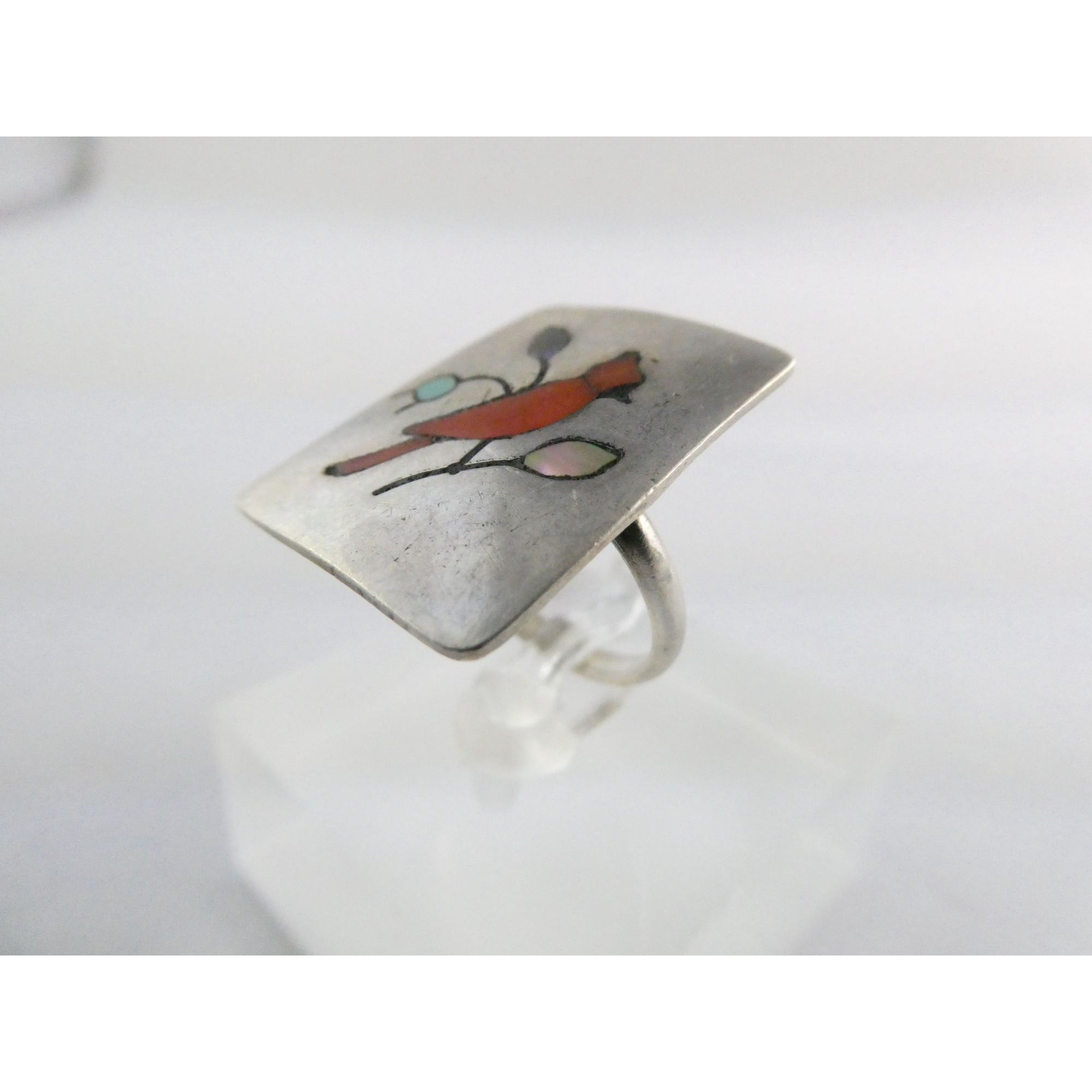 NA Zuni Randolph and Margie Ghahate Sterling Silver Cardinal Inlay Ring Size 7.5