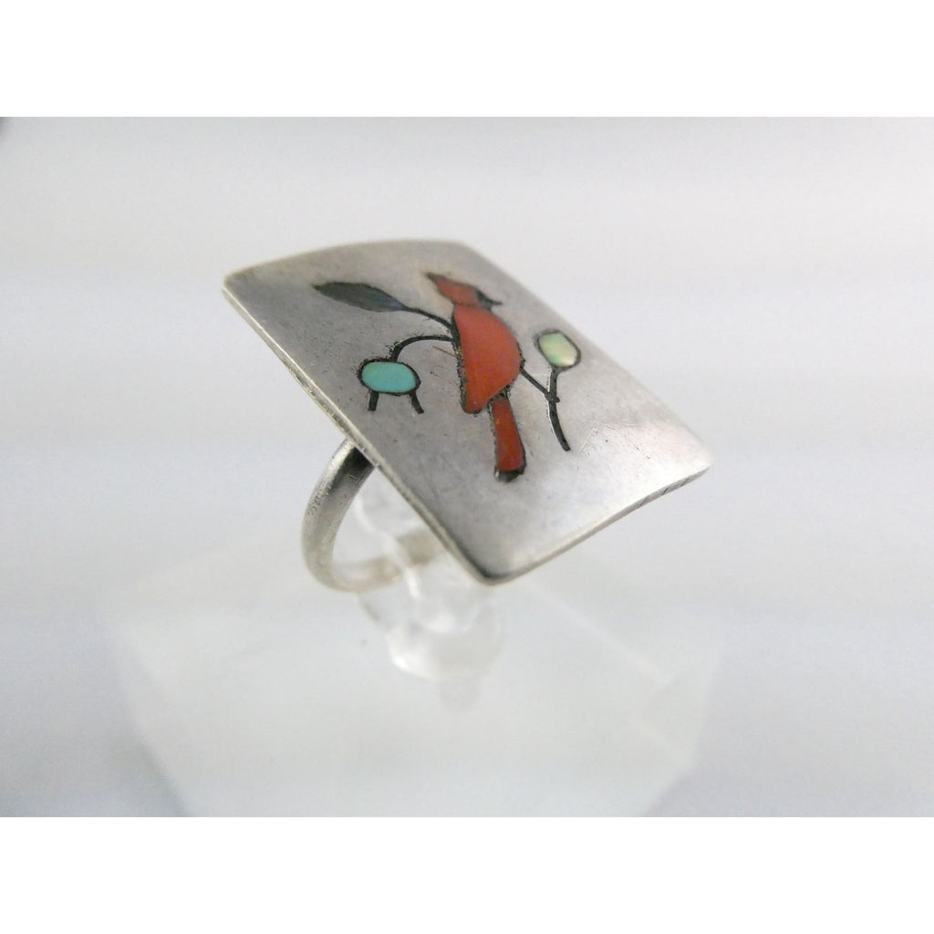 NA Zuni Randolph and Margie Ghahate Sterling Silver Cardinal Inlay Ring Size 7.5
