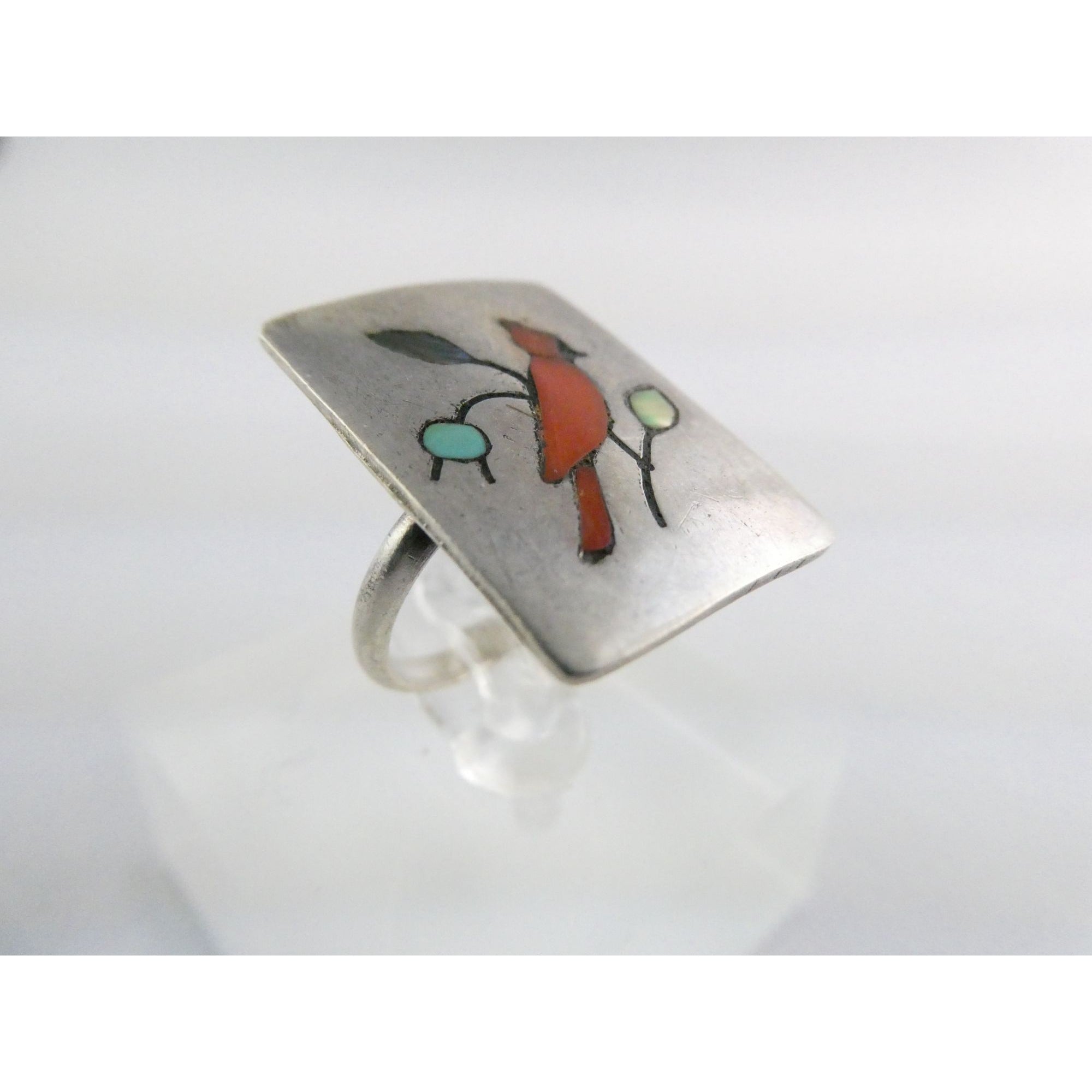 NA Zuni Randolph and Margie Ghahate Sterling Silver Cardinal Inlay Ring Size 7.5