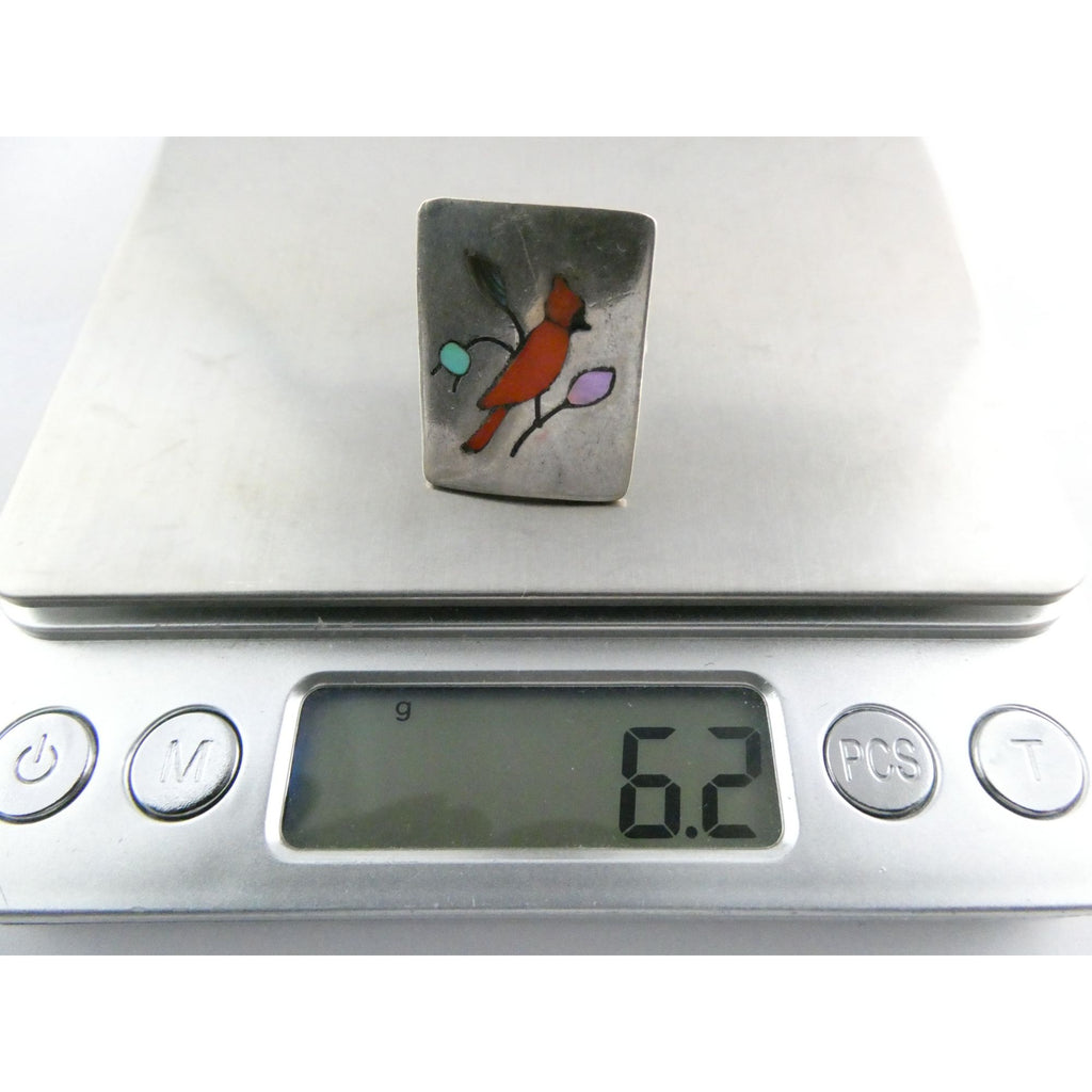 NA Zuni Randolph and Margie Ghahate Sterling Silver Cardinal Inlay Ring Size 7.5