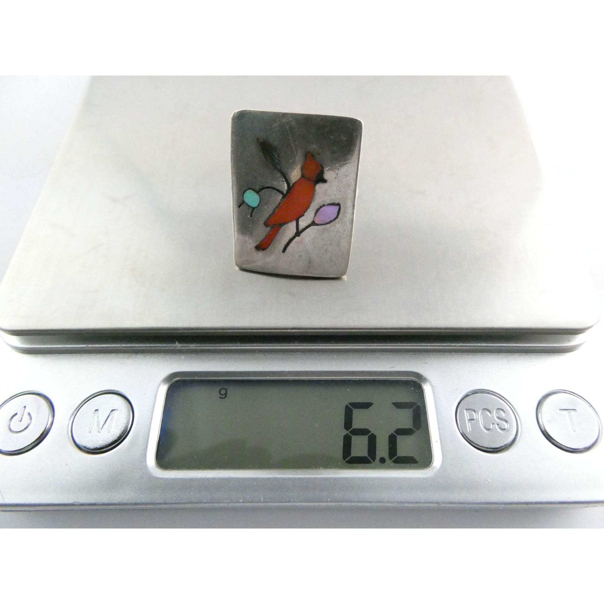 NA Zuni Randolph and Margie Ghahate Sterling Silver Cardinal Inlay Ring Size 7.5
