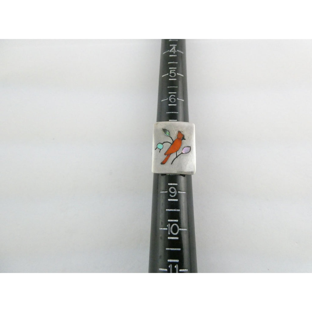 NA Zuni Randolph and Margie Ghahate Sterling Silver Cardinal Inlay Ring Size 7.5