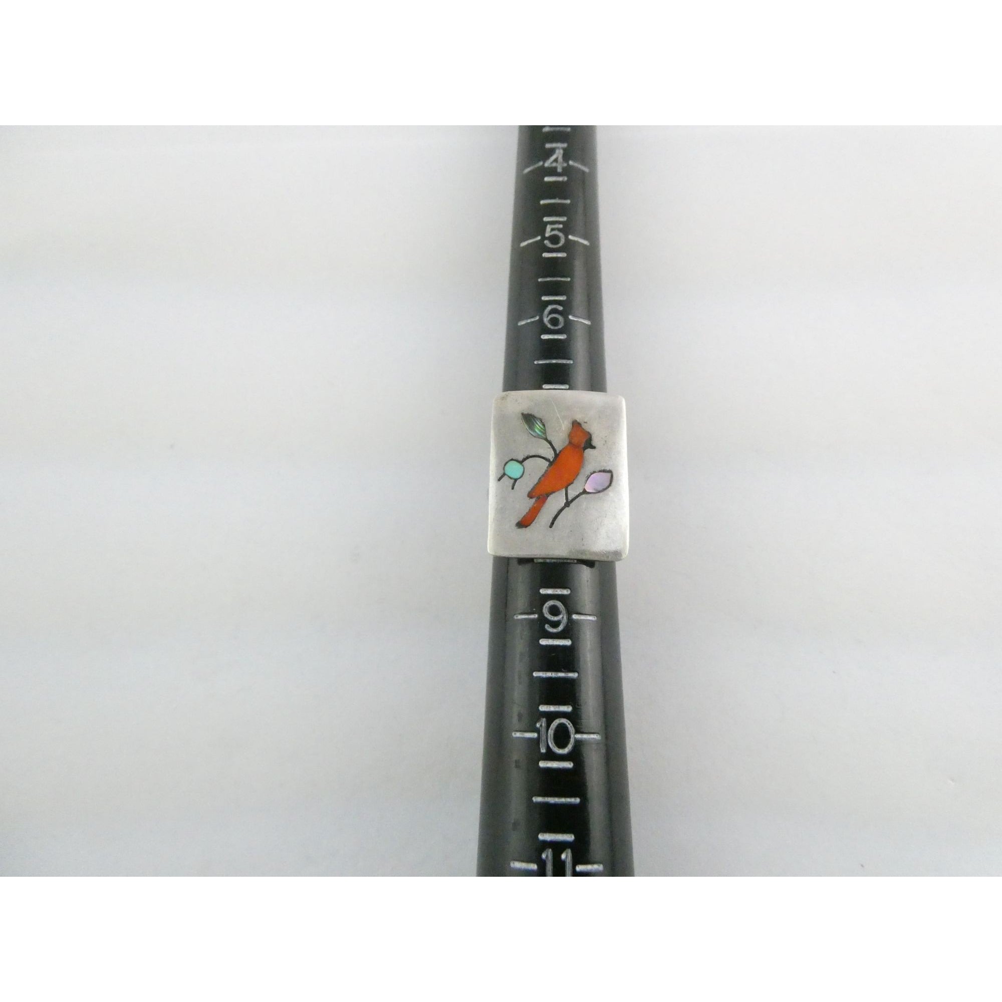 NA Zuni Randolph and Margie Ghahate Sterling Silver Cardinal Inlay Ring Size 7.5