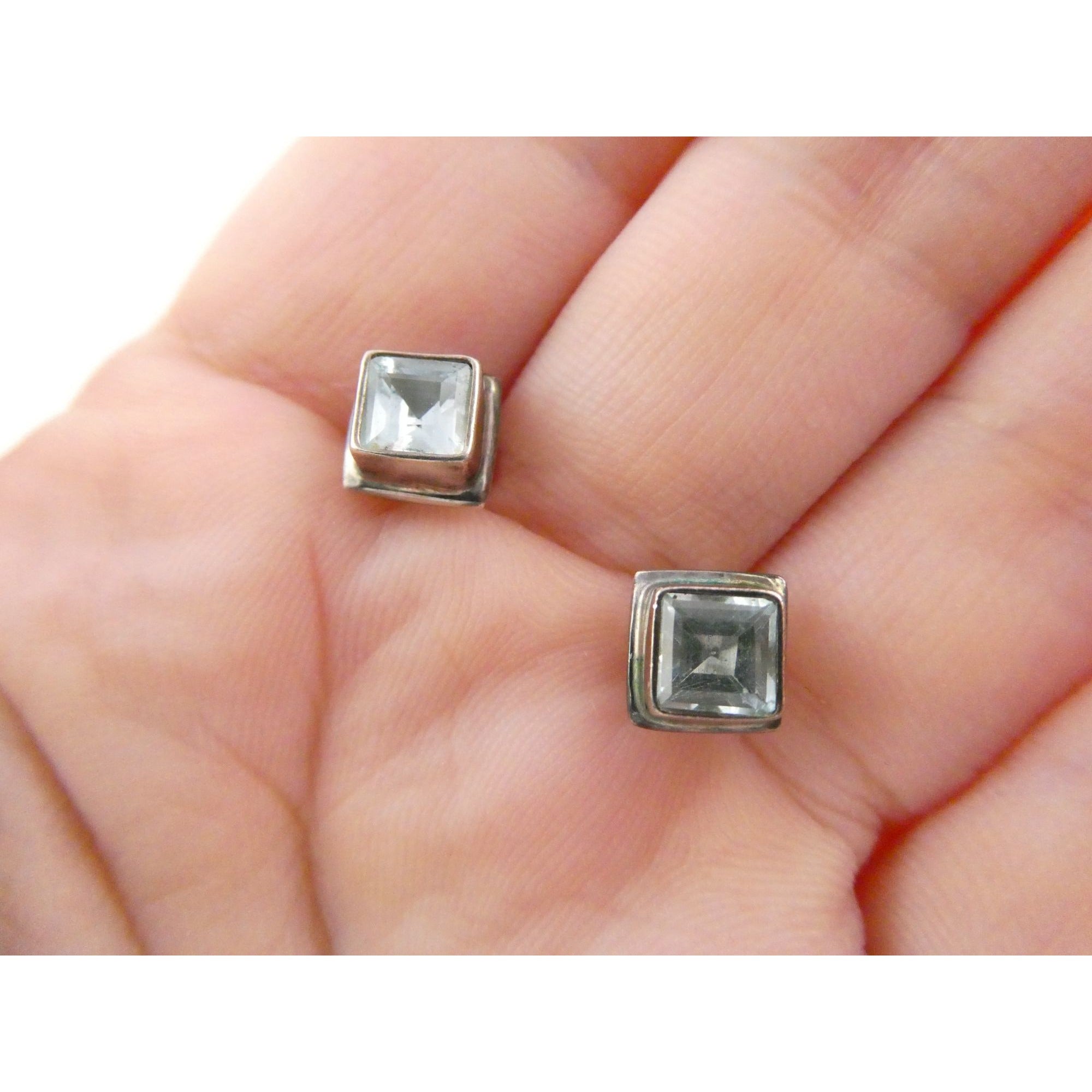 Sterling Silver Square Cut Blue Topaz Stud Earrings 2.5g 7mm Size