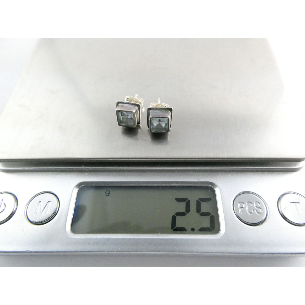 Sterling Silver Square Cut Blue Topaz Stud Earrings 2.5g 7mm Size