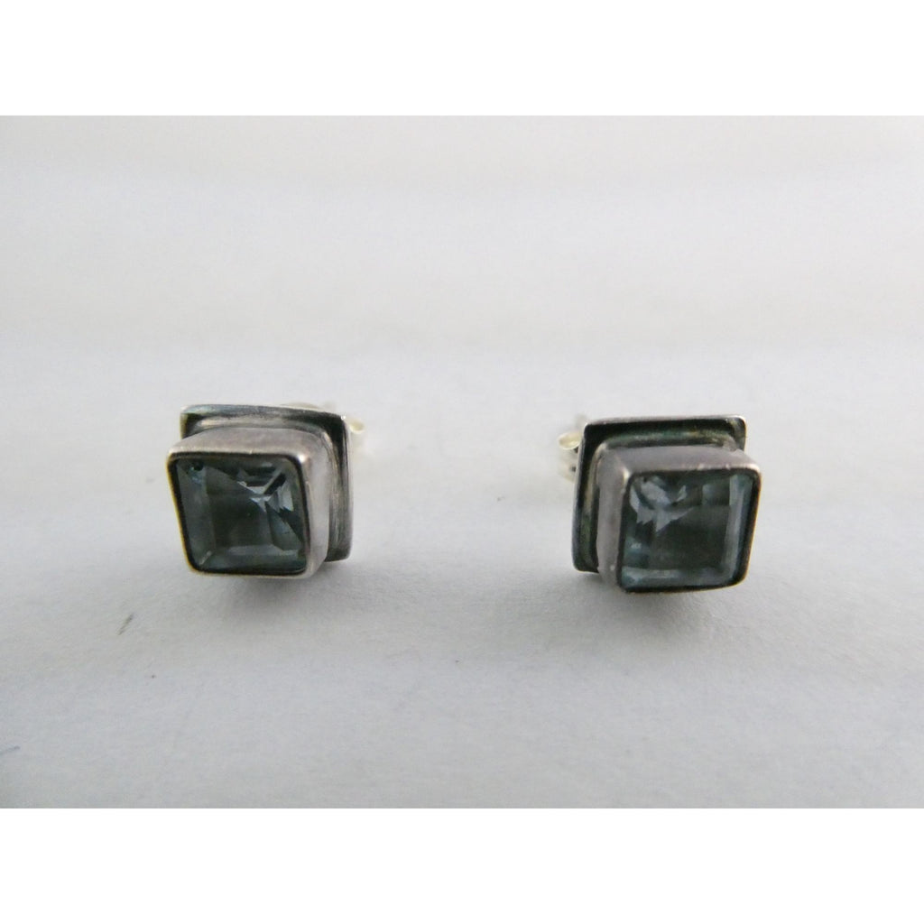 Sterling Silver Square Cut Blue Topaz Stud Earrings 2.5g 7mm Size