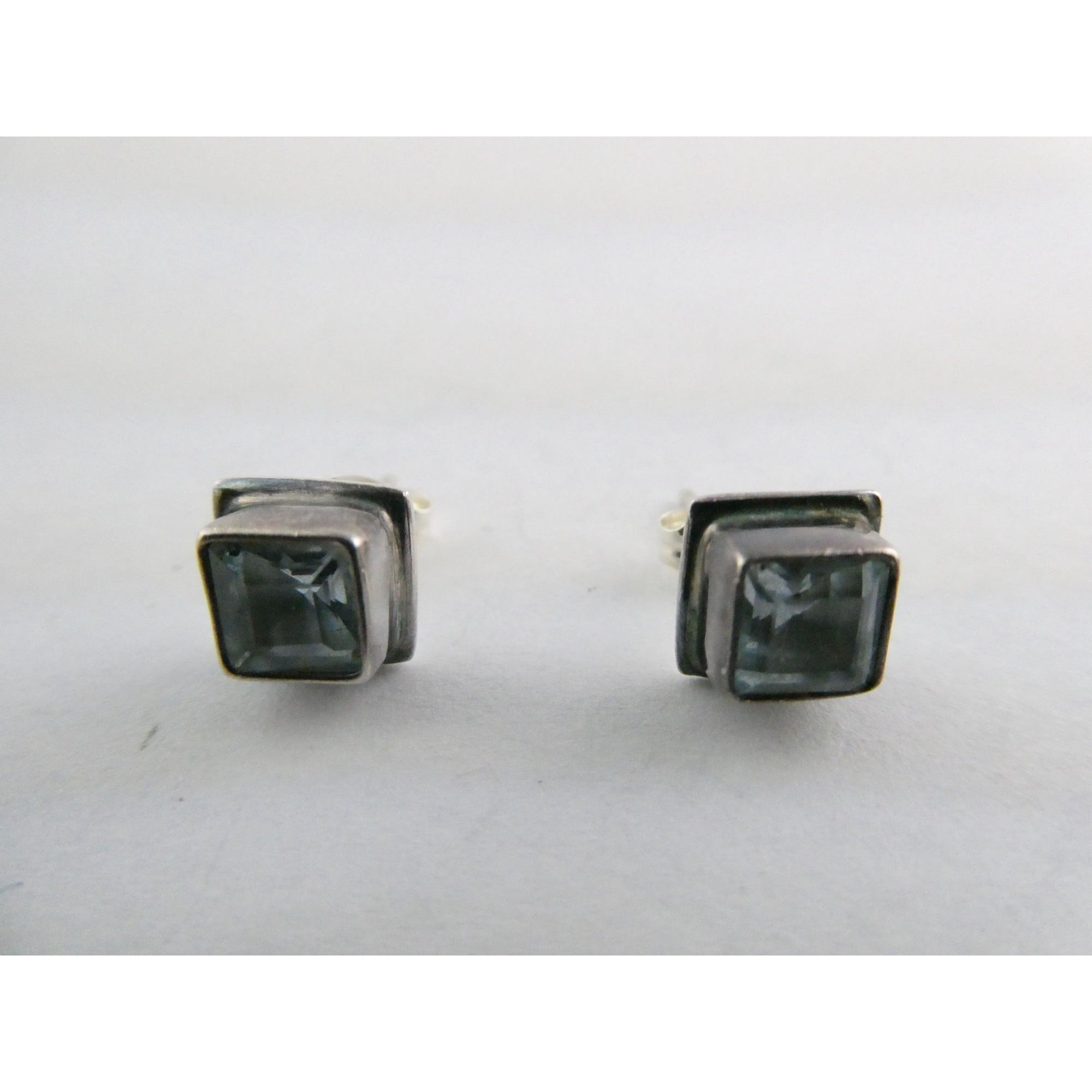 Sterling Silver Square Cut Blue Topaz Stud Earrings 2.5g 7mm Size