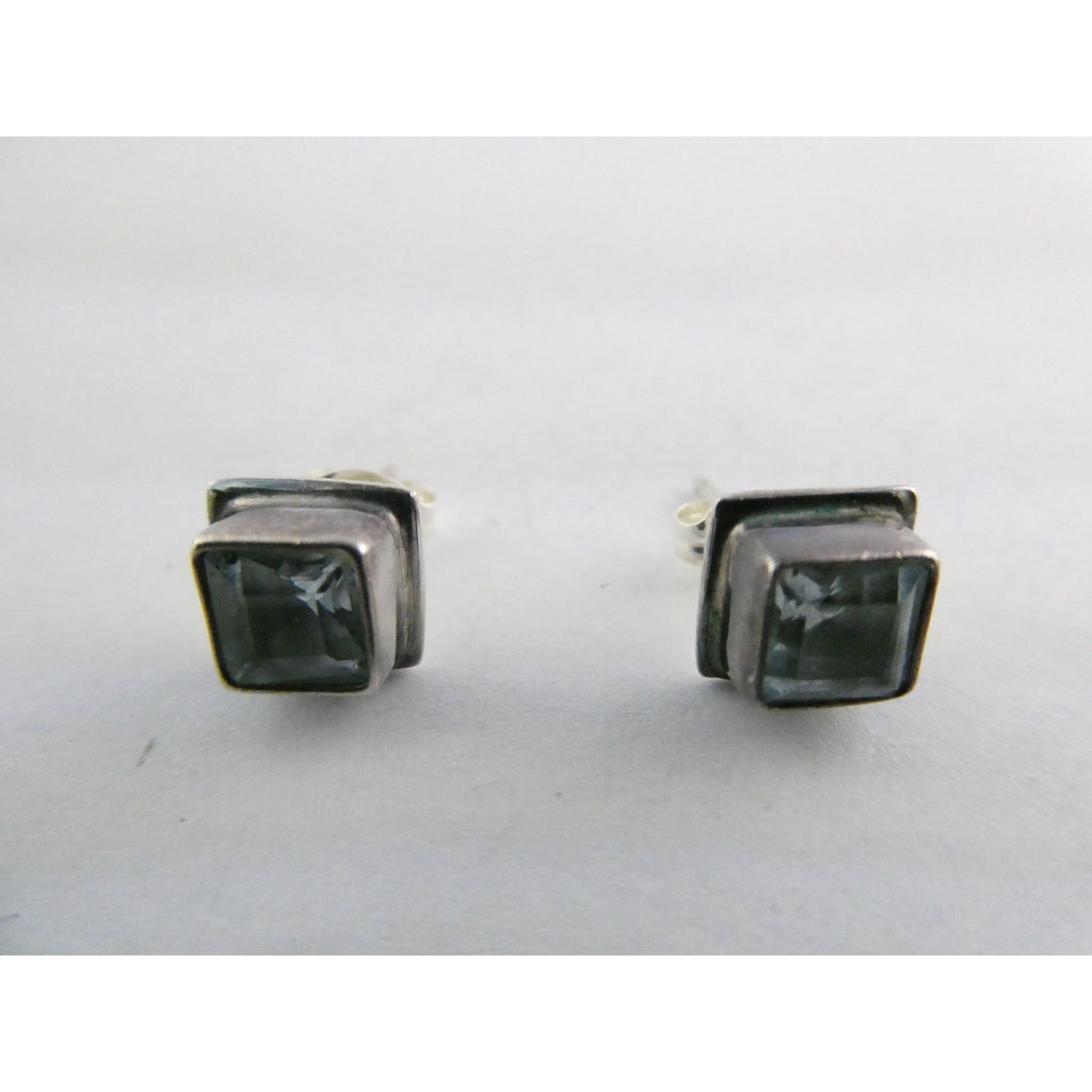 Sterling Silver Square Cut Blue Topaz Stud Earrings 2.5g 7mm Size