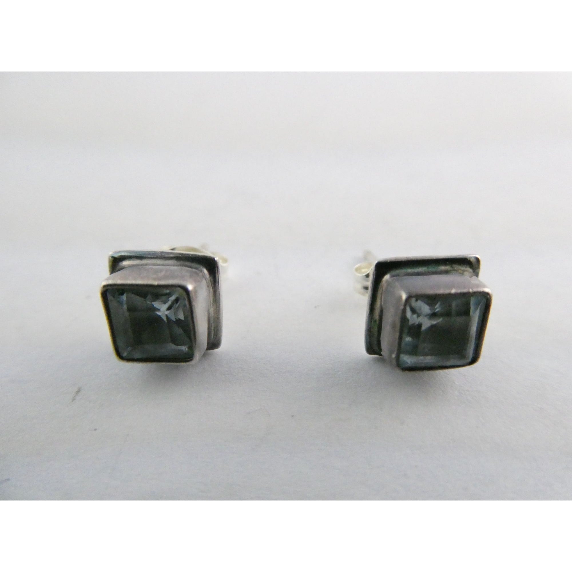 Sterling Silver Square Cut Blue Topaz Stud Earrings 2.5g 7mm Size
