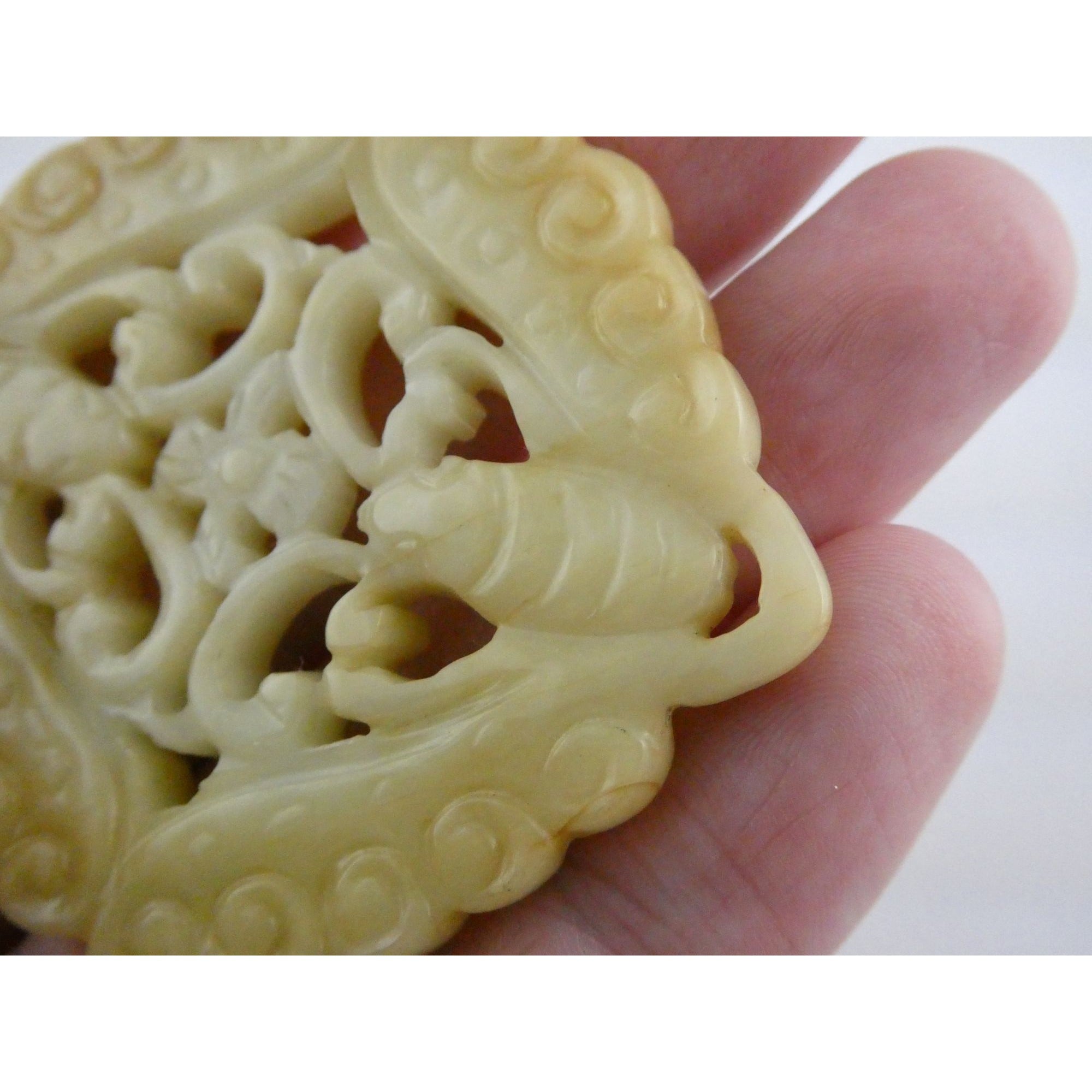 Vintage White Carved Nephrite jade Butterfly Pendant or Talisman 22.9g 2.5In