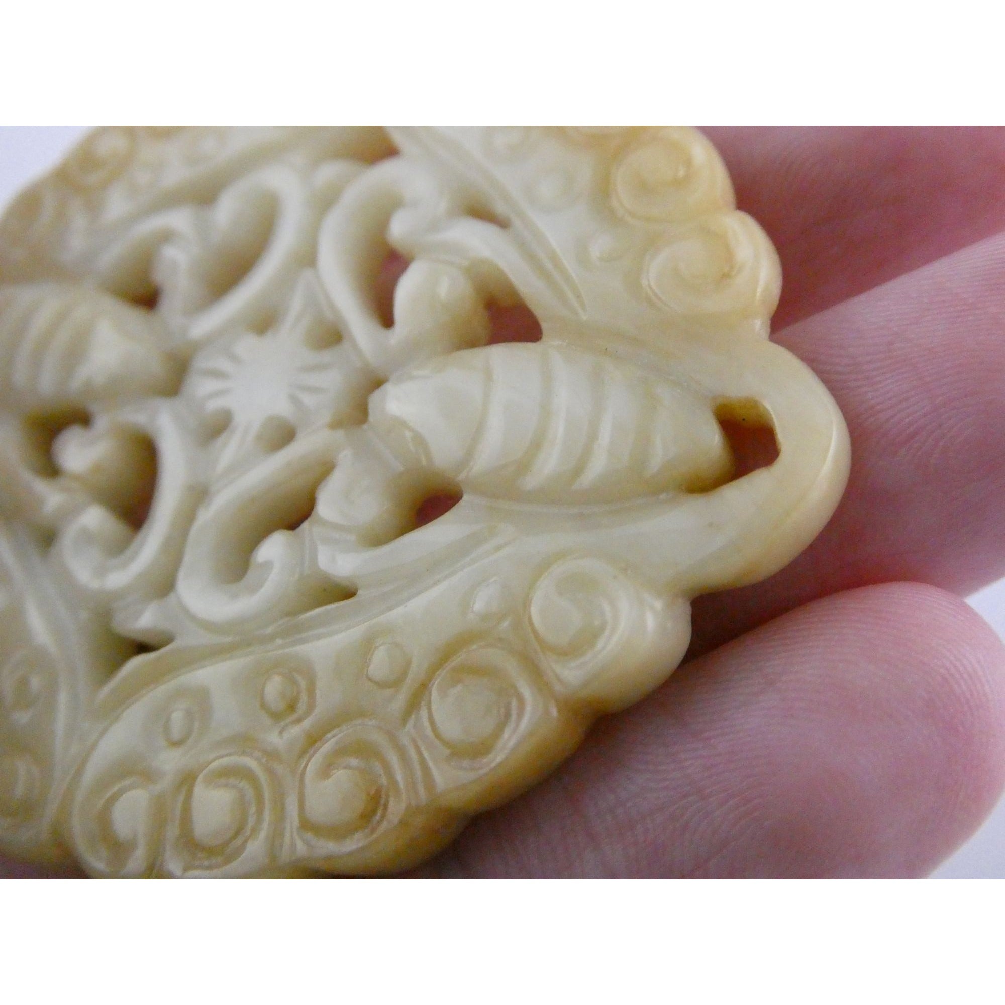 Vintage White Carved Nephrite jade Butterfly Pendant or Talisman 22.9g 2.5In