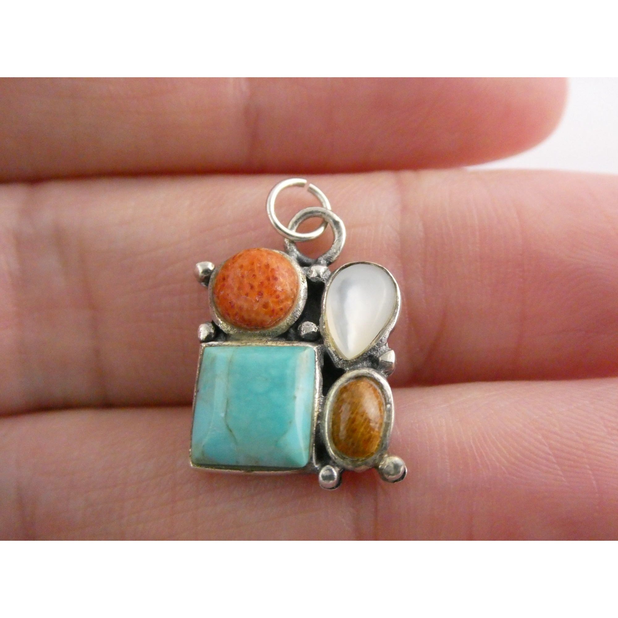 Sterling Silver Turquoise MOP Shell Coral and Wood Gemstone Pendant 20mm Length