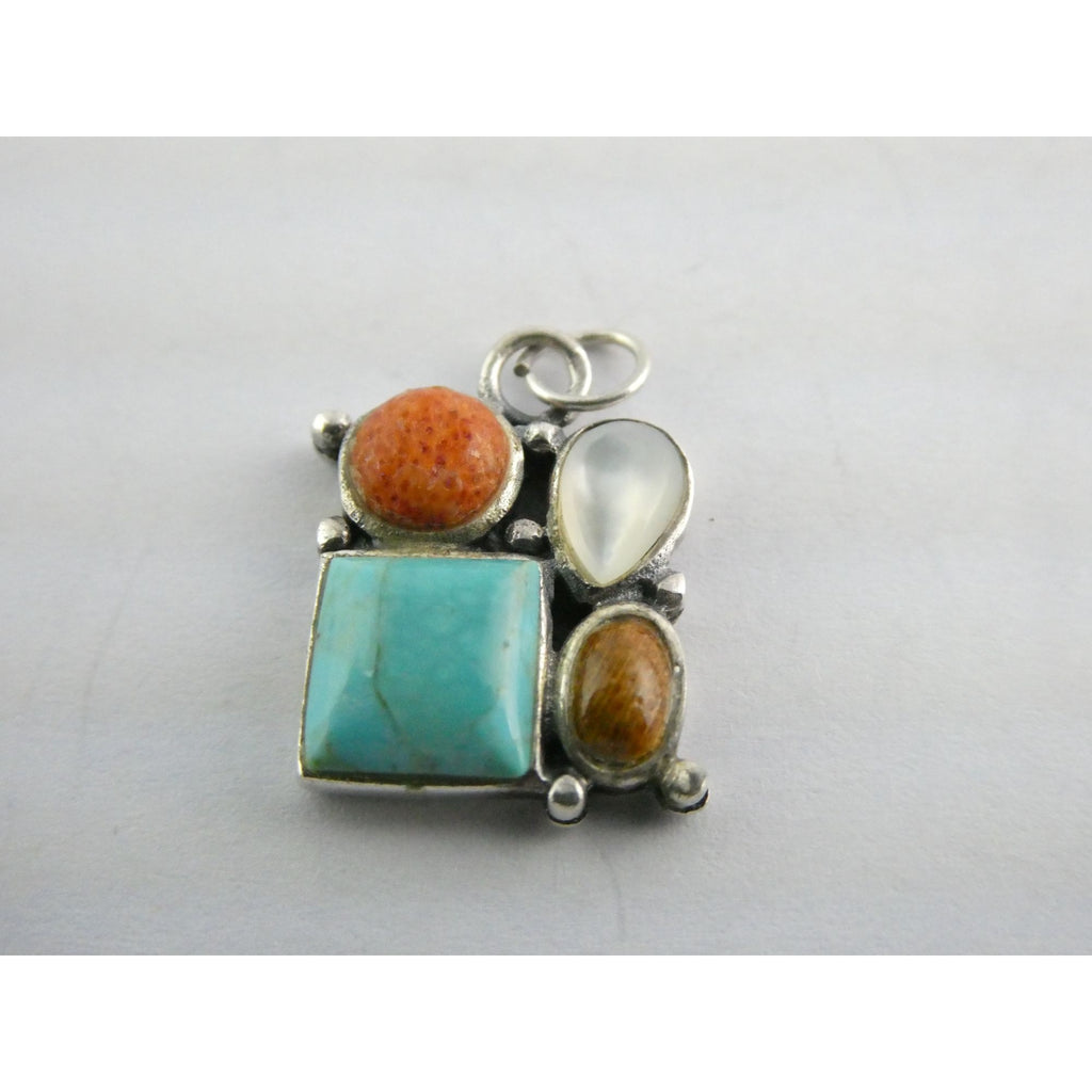 Sterling Silver Turquoise MOP Shell Coral and Wood Gemstone Pendant 20mm Length