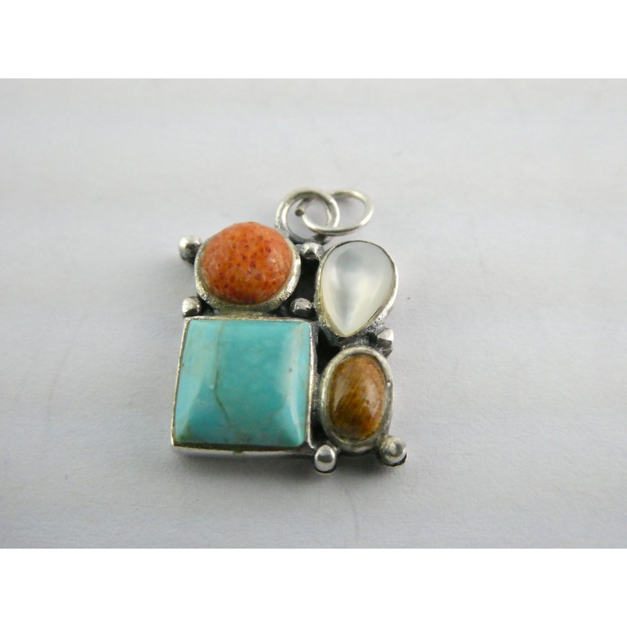 Sterling Silver Turquoise MOP Shell Coral and Wood Gemstone Pendant 20mm Length