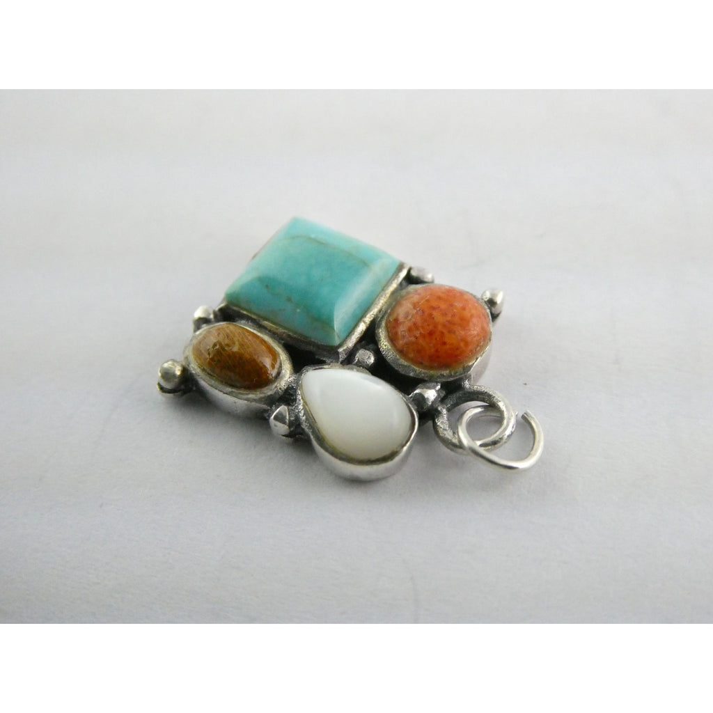 Sterling Silver Turquoise MOP Shell Coral and Wood Gemstone Pendant 20mm Length