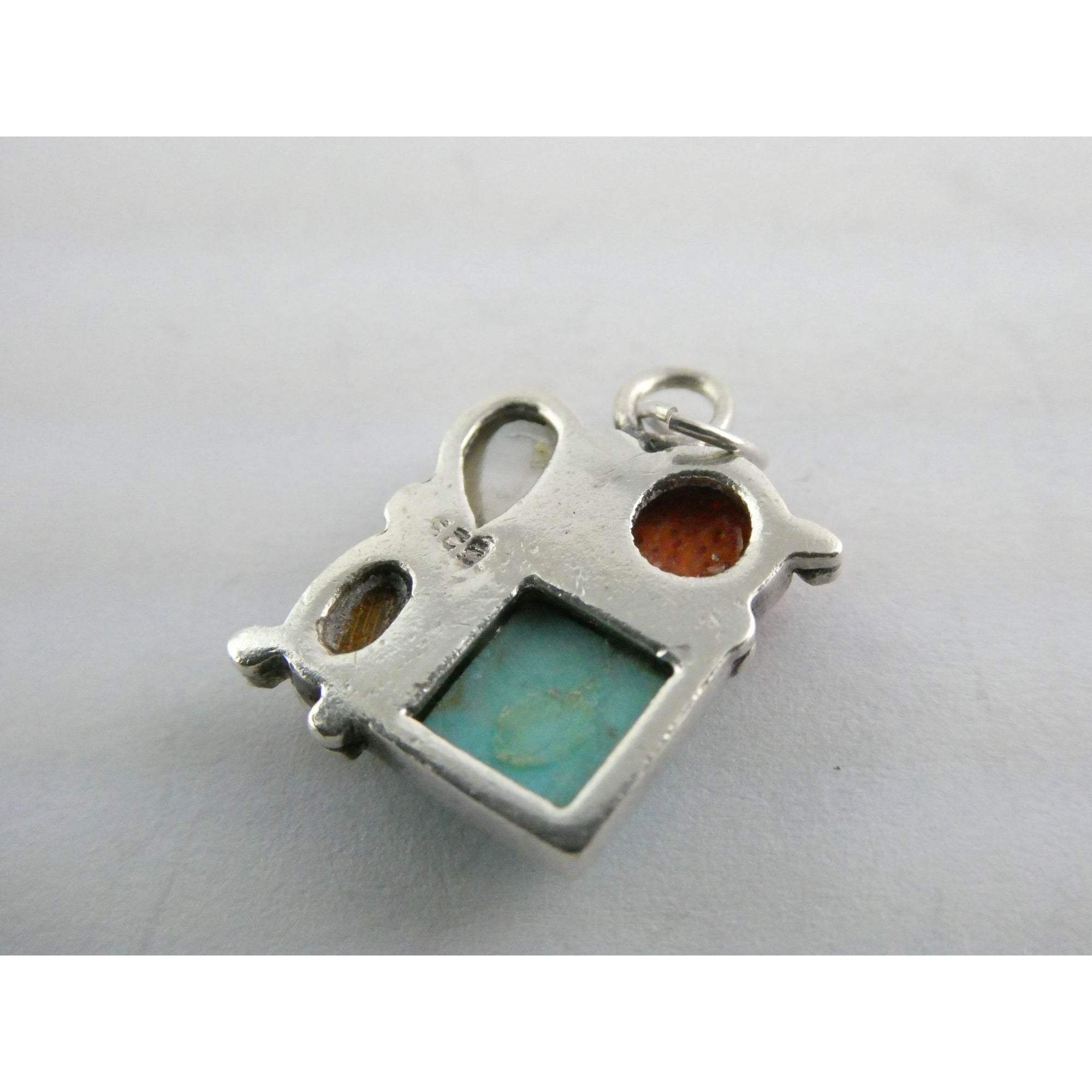 Sterling Silver Turquoise MOP Shell Coral and Wood Gemstone Pendant 20mm Length
