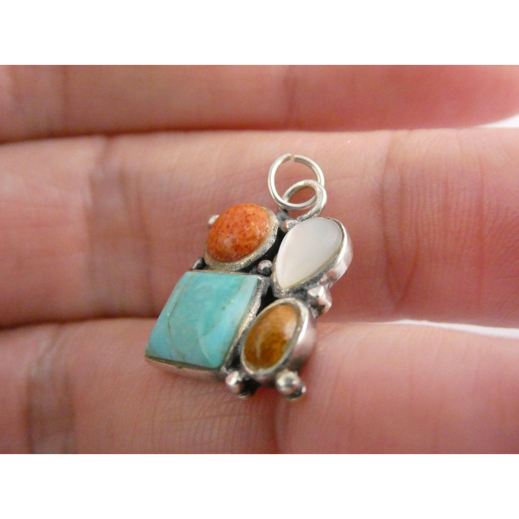 Sterling Silver Turquoise MOP Shell Coral and Wood Gemstone Pendant 20mm Length