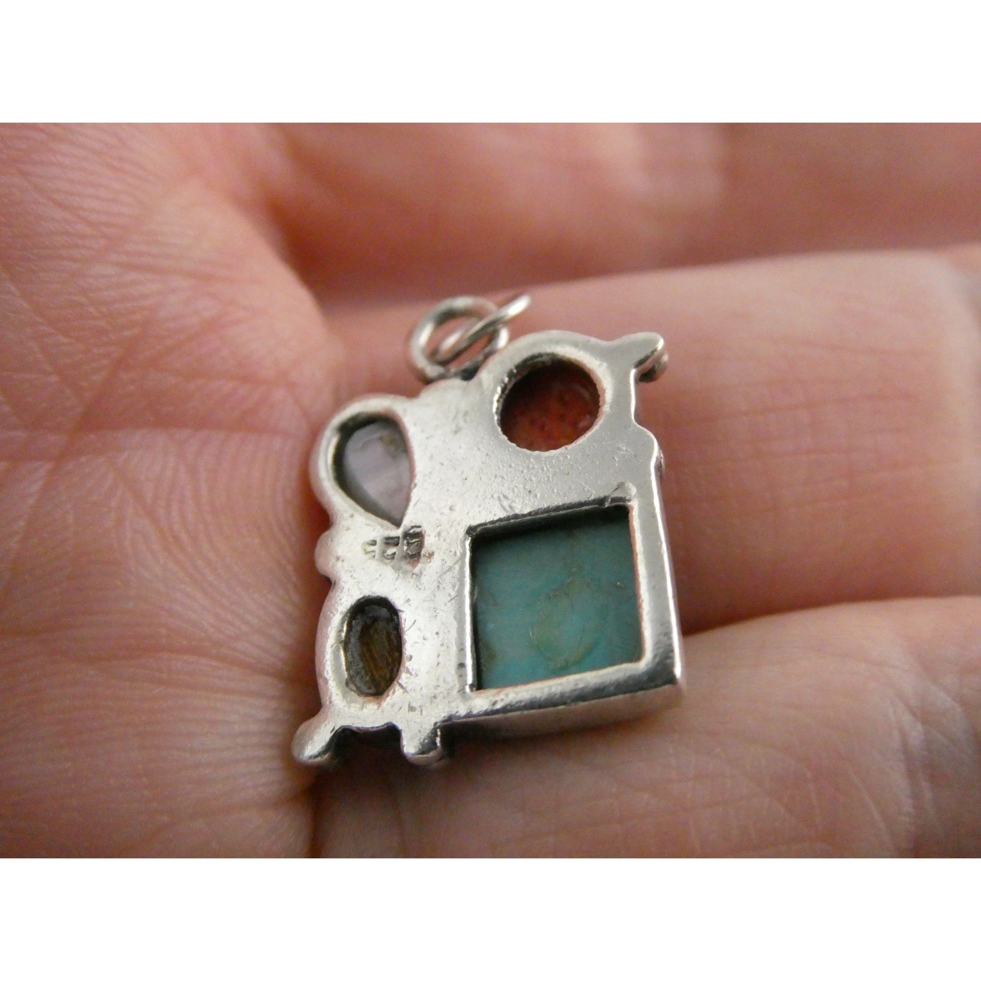 Sterling Silver Turquoise MOP Shell Coral and Wood Gemstone Pendant 20mm Length