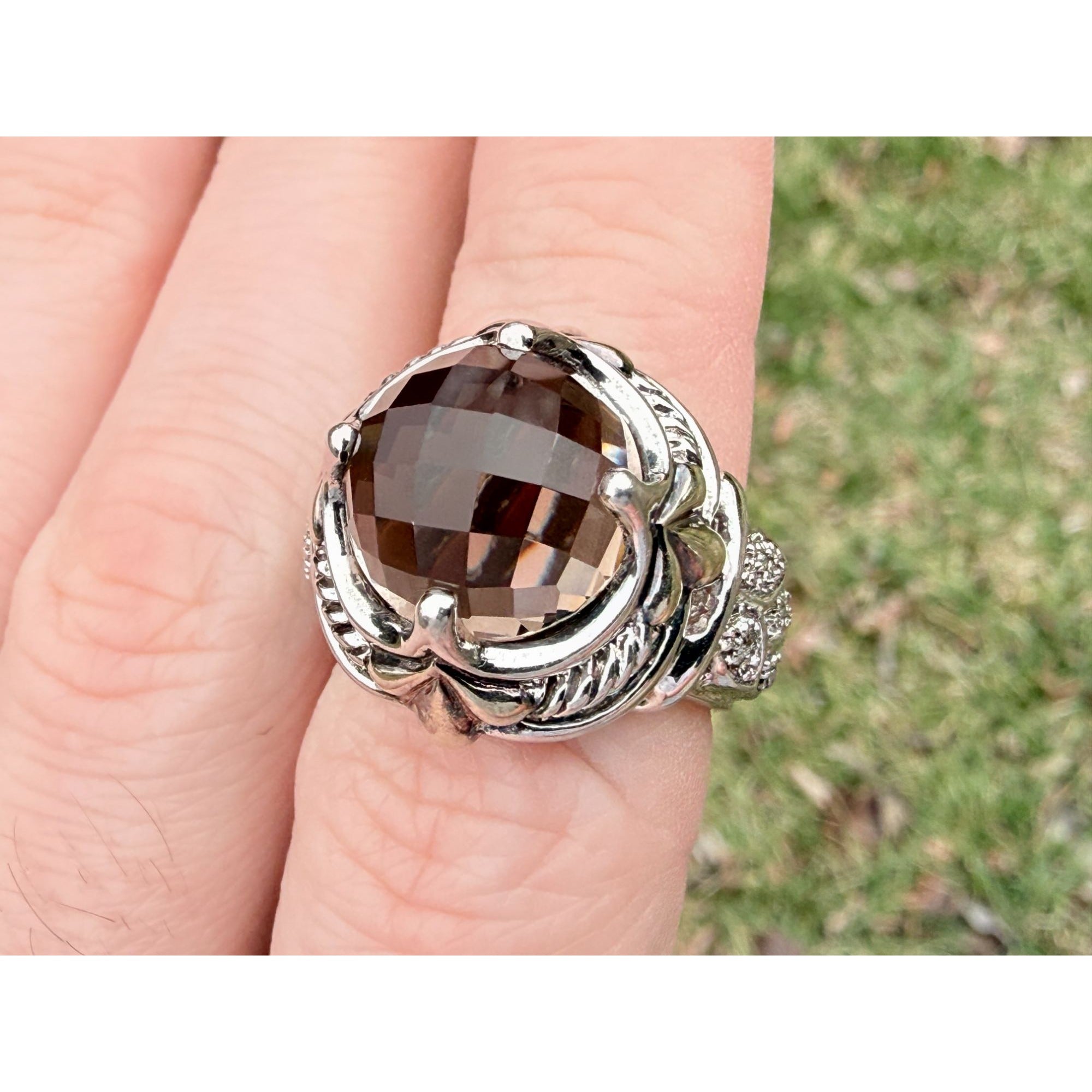 Designer Sterling Silver Faceted Smoky Quartz and Rock Crystal Ring Size 7.75