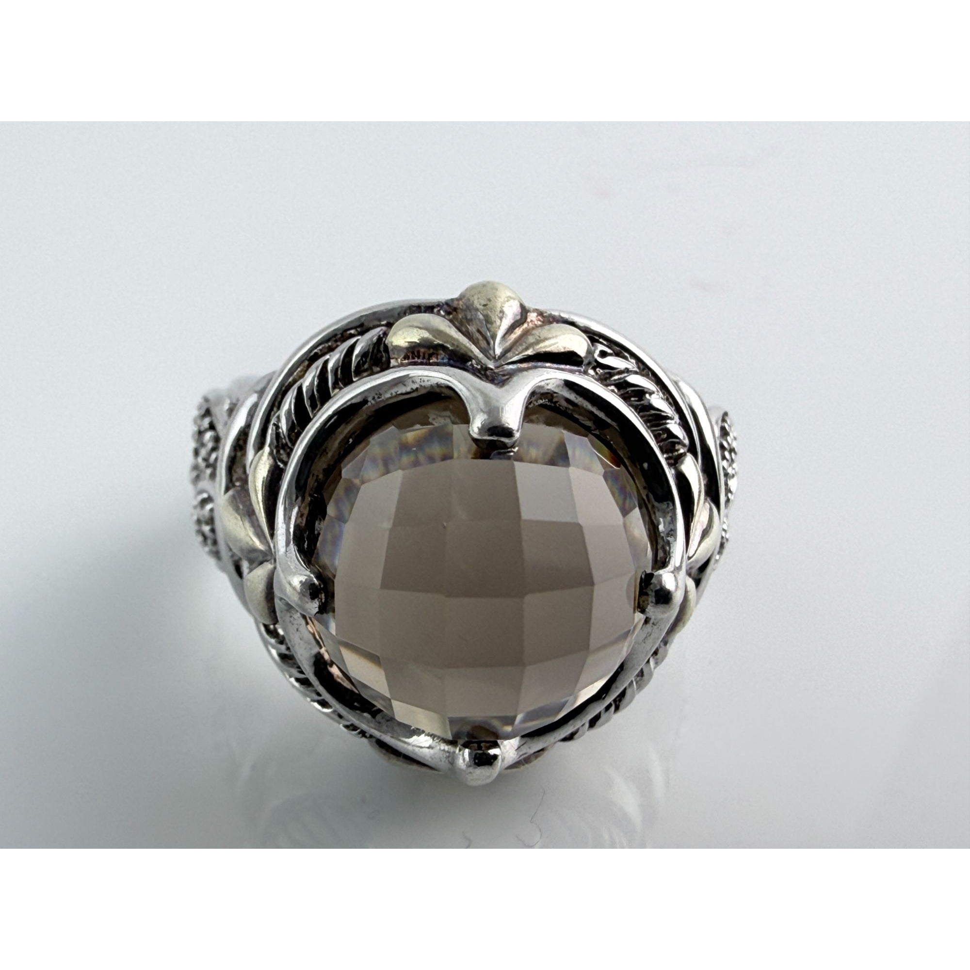 Designer Sterling Silver Faceted Smoky Quartz and Rock Crystal Ring Size 7.75