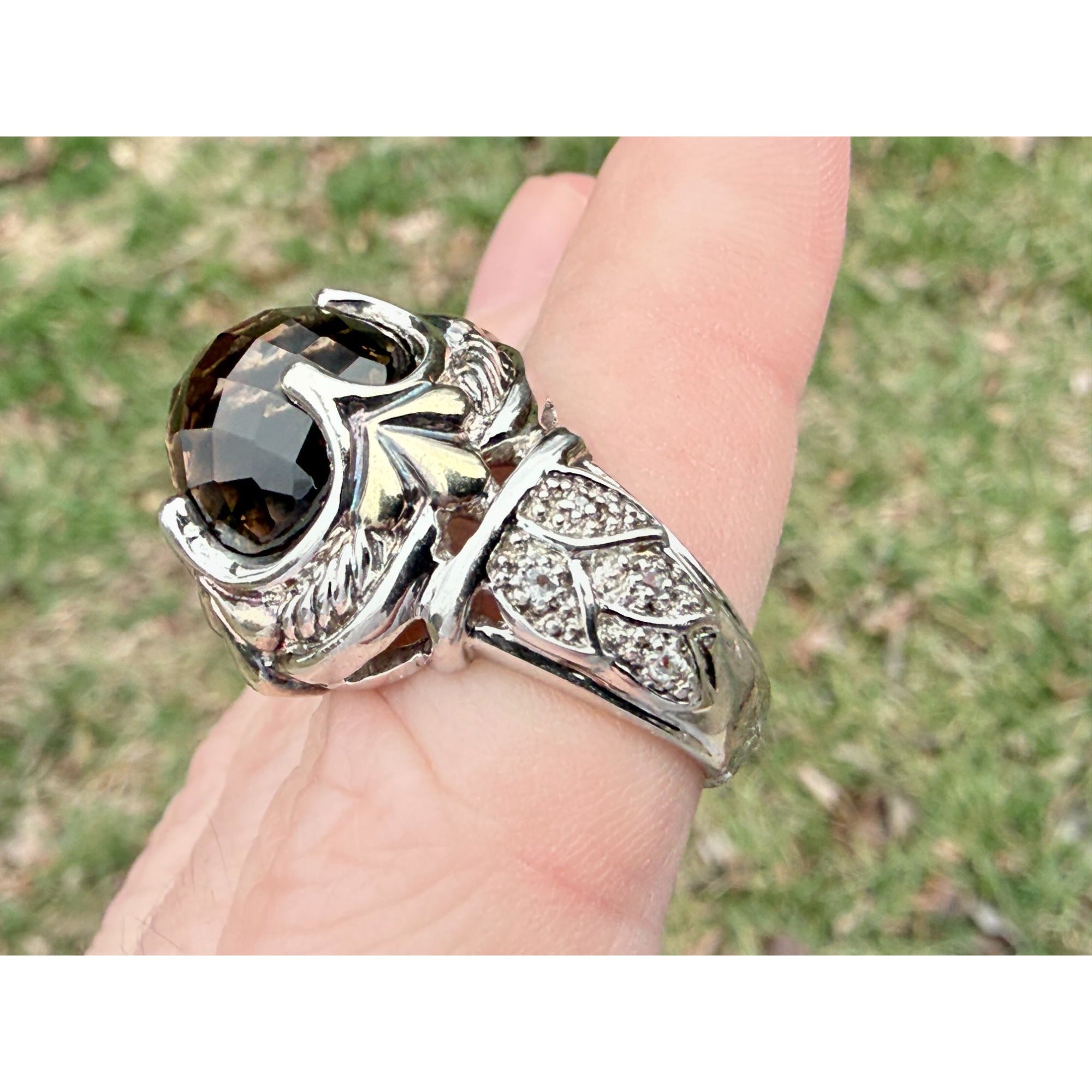 Designer Sterling Silver Faceted Smoky Quartz and Rock Crystal Ring Size 7.75