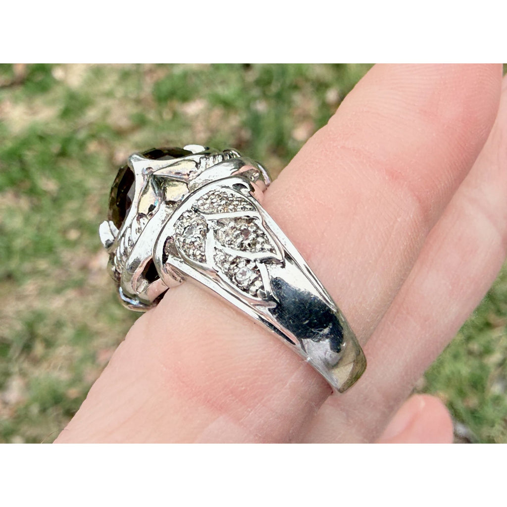 Designer Sterling Silver Faceted Smoky Quartz and Rock Crystal Ring Size 7.75