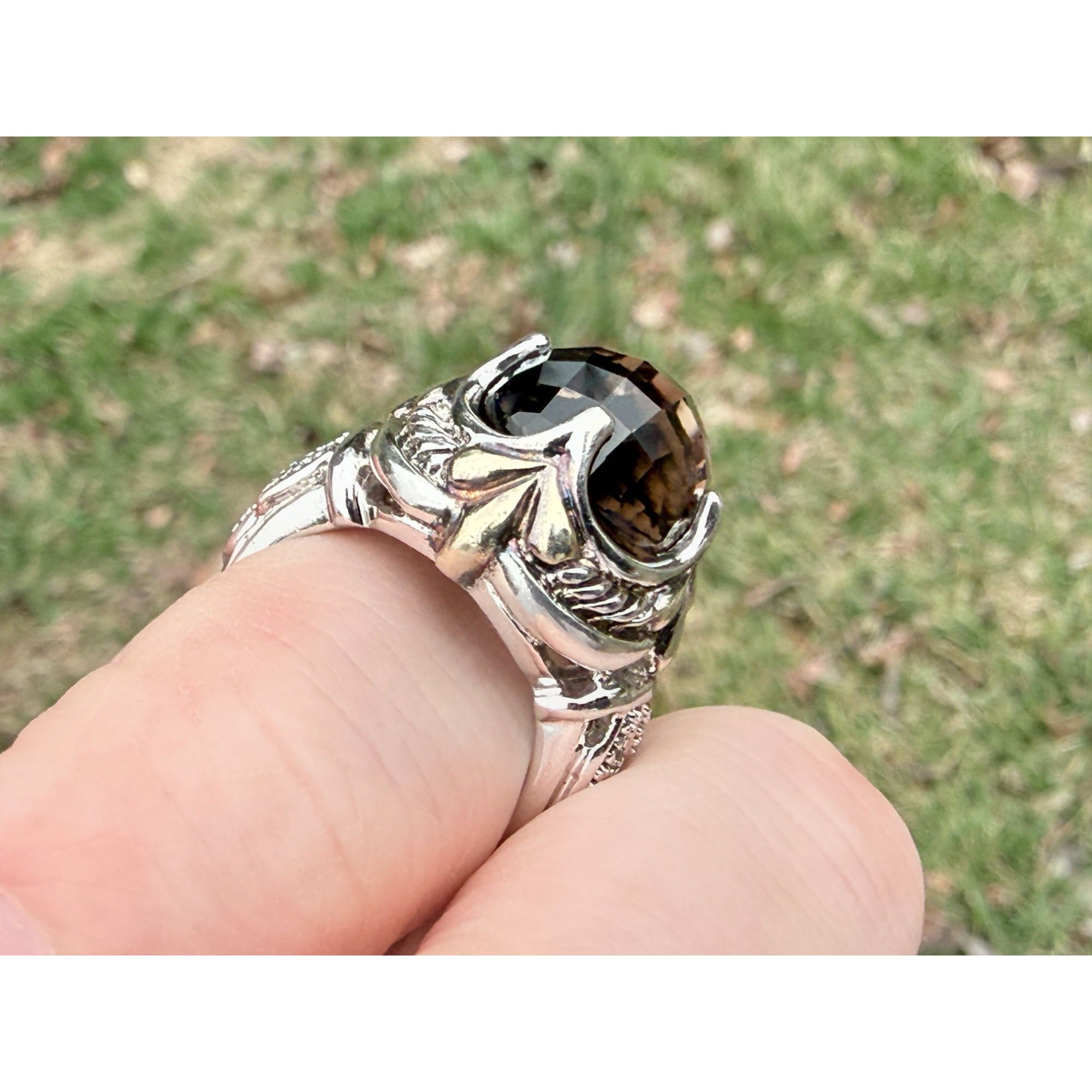 Designer Sterling Silver Faceted Smoky Quartz and Rock Crystal Ring Size 7.75
