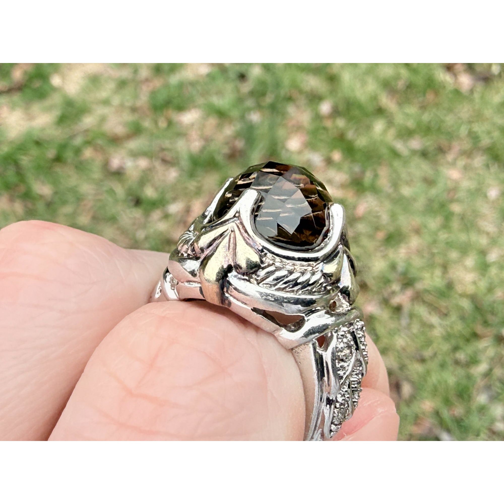 Designer Sterling Silver Faceted Smoky Quartz and Rock Crystal Ring Size 7.75