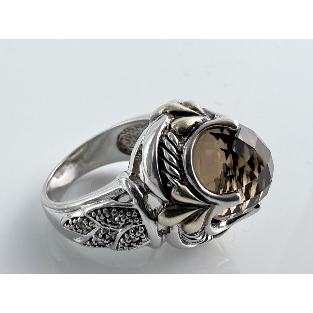 Designer Sterling Silver Faceted Smoky Quartz and Rock Crystal Ring Size 7.75