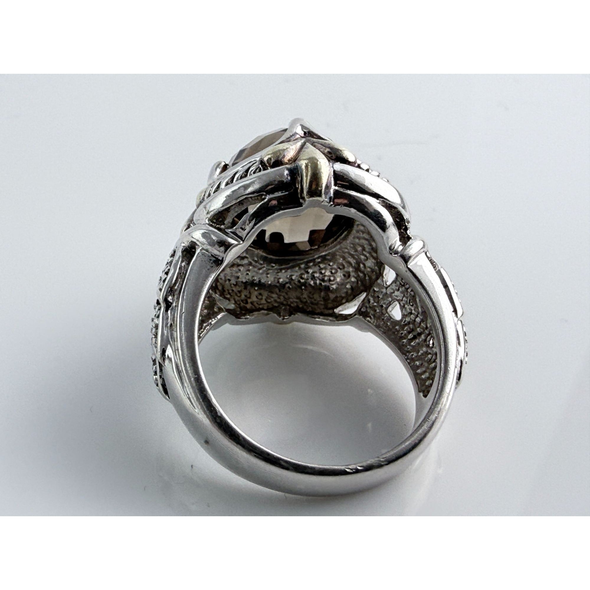Designer Sterling Silver Faceted Smoky Quartz and Rock Crystal Ring Size 7.75