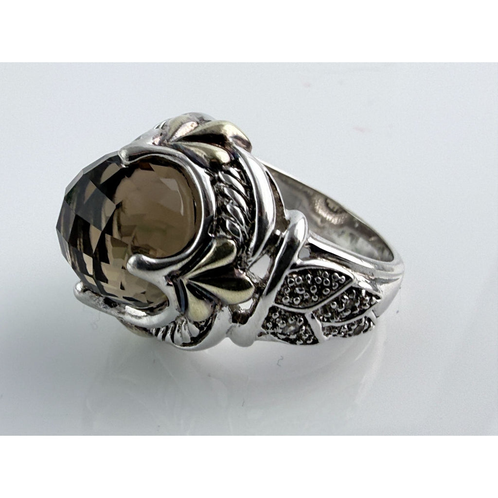 Designer Sterling Silver Faceted Smoky Quartz and Rock Crystal Ring Size 7.75